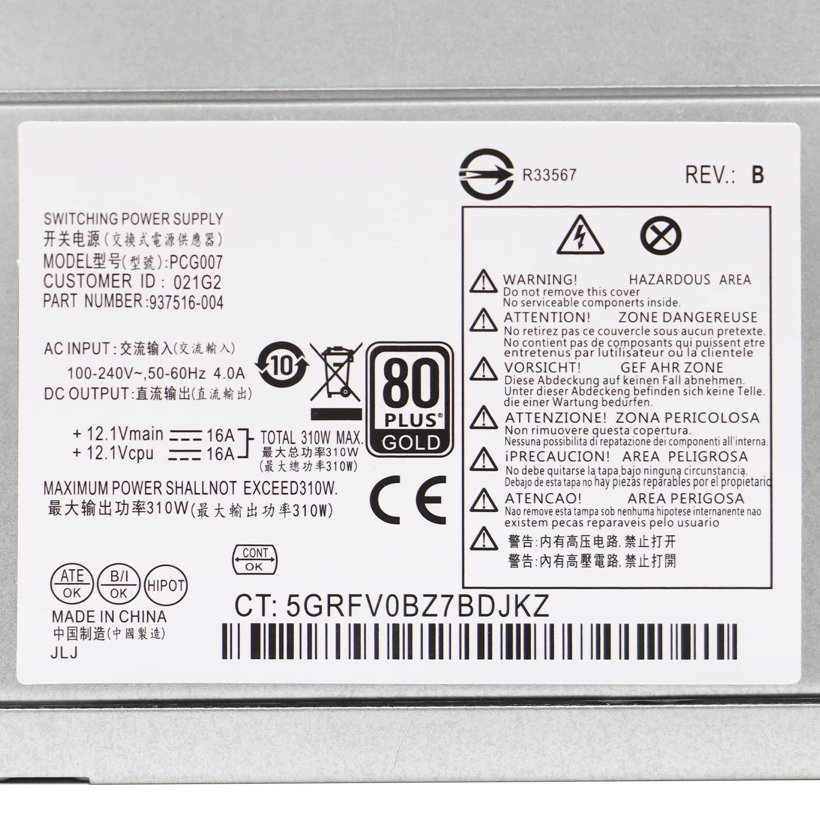 LXun LXun Upgraded PCG007 937516-004 310W Power Supply Compatible with HP ProDesk 280 288 480 G3 MT, Compatible with HP 400G4 282G3 SFF 901772-004 DPS-310AB-1A PSU Power Supply