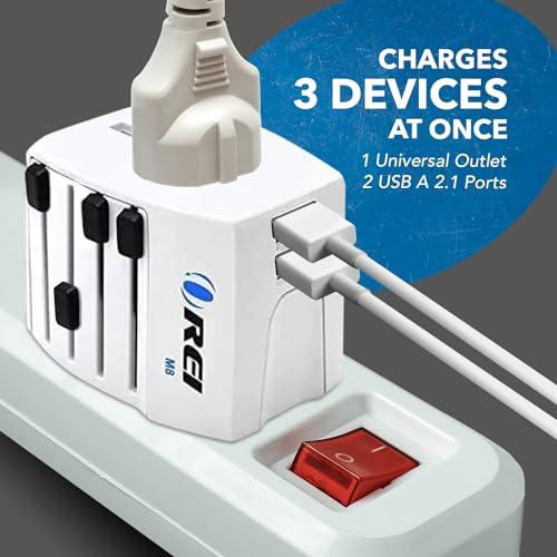 OREI OREI World Travel Plug Adapter - 2 USB + 1 Universal Outlets - Slots for Europe, Asia, China, Japan, Africa - Perfect for Cell Phones, Tablets, Cameras and More
