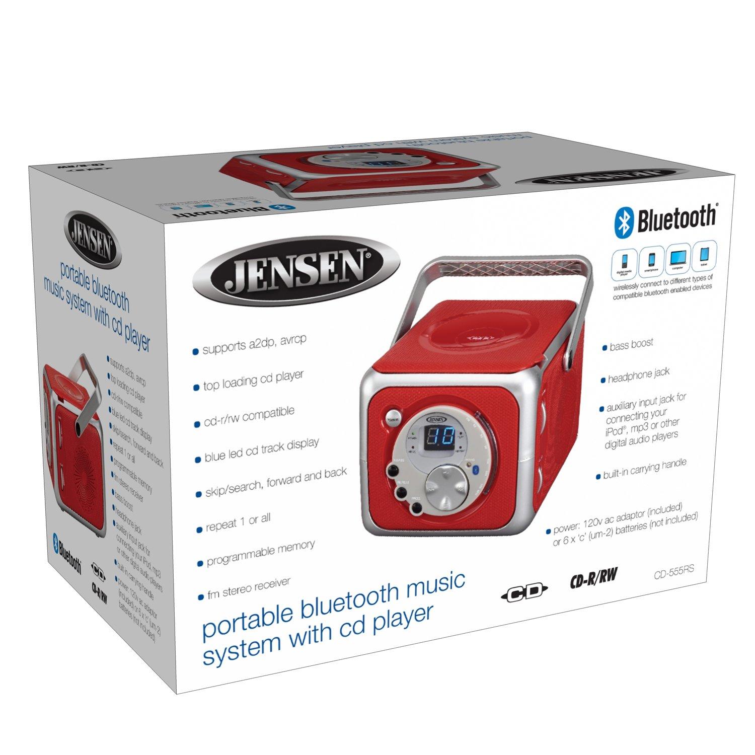 Jensen Jensen CD-555 Red CD Bluetooth Boombox Portable Bluetooth Music System with CD Player +CD-R/RW & FM Radio with Aux-in & Headphone Jack Line-in Limited Edition- (Red)