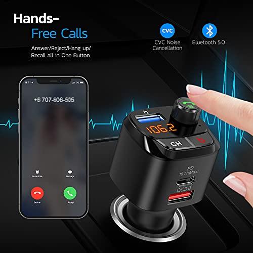 Nulaxy Nulaxy Bluetooth 5.0 FM Transmitter for Car, QC3.0 & USB-C PD 18W Wireless Bluetooth Radio Adapter Music Player/Car Kit with Bass Booster, Hands-Free Calls-NX12