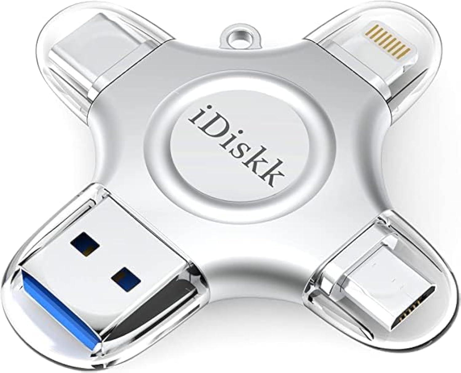 iDiskk [MFi Certified] 128GB Flash Drive for iPhone iPad USB 3.0 Lightning Drive 4 in 1 Multi Functional External Storage for iOS and Android Samsung Phones Type c Devices and MacBook idiskk Thumb Drive
