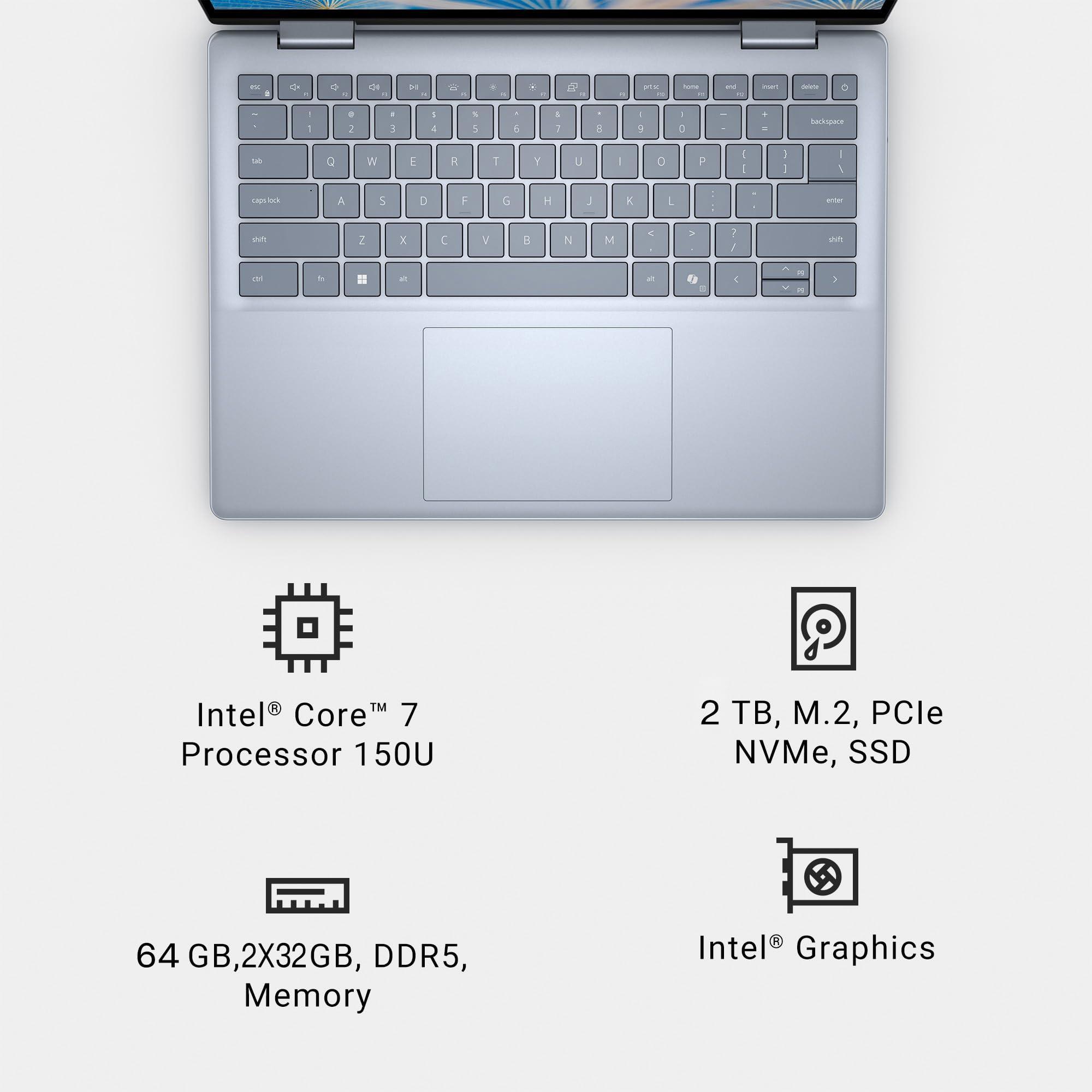 Dell Dell Inspiron 14 2-in-1 Laptop for Business, 14\" FHD+ Touchscreen, Intel Processor Core 7 150U, 64 GB DDR5 RAM, 2 TB SSD, Intel Graphics, SD Card, WiFi, Windows 11 Pro & MS Office Lifetime License