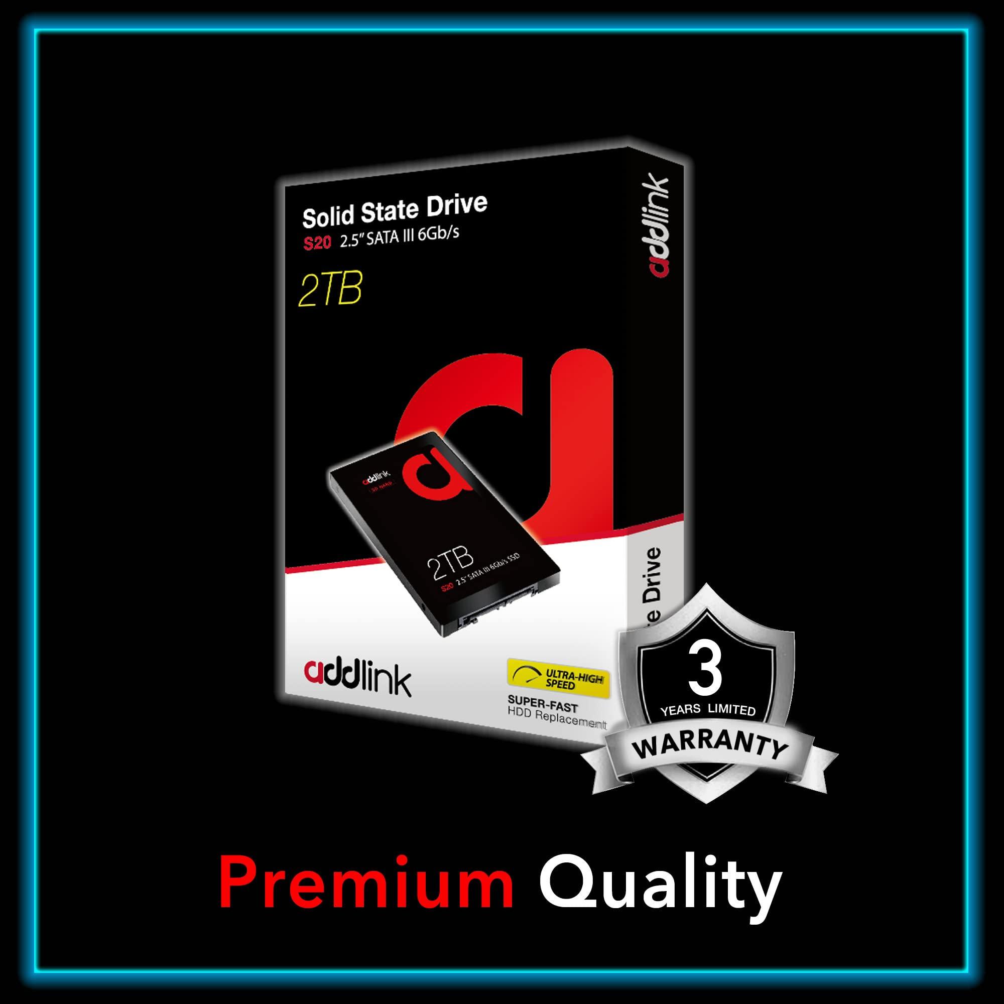 Addlink Addlink S20 2TB PS4 Compatible SATA III 2.5" Inch Extreme Quality Internal SSD 550MB/s Maximum Speed, Perfect HDD Replacement/Upgrade for Laptops, PCs & Sony PS4 (ad2TBS20S3S)