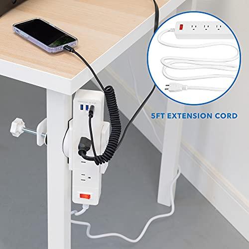 Mount-It! Mount-It! Power Strip Holder Clamp Desk Mount with Included Surge Protector | White Desktop Power Outlet with 3 USB Ports and 3 AC Power Outlets | Adjustable Power Strip Clamp Mount