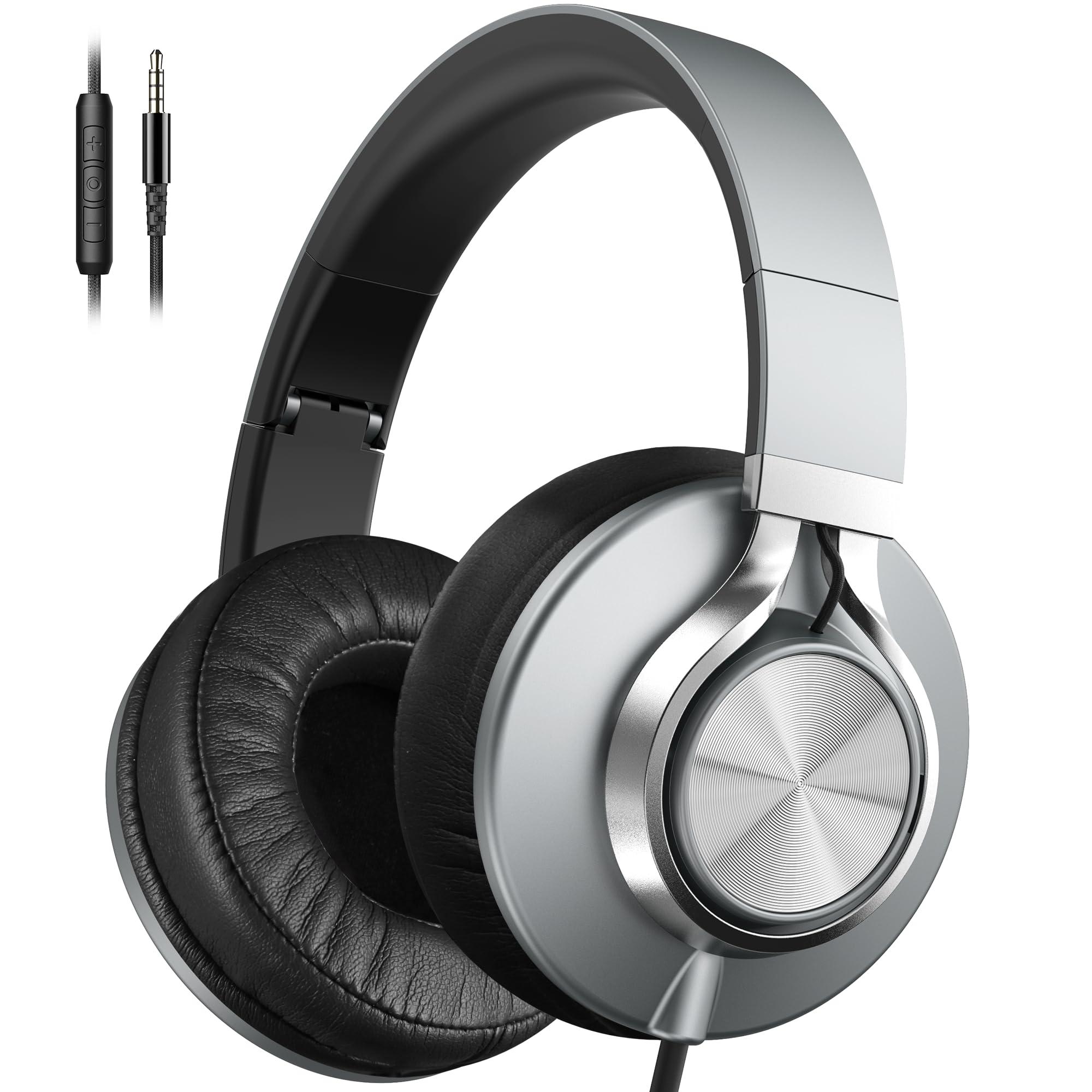 AILIHEN AILIHEN Wired Headphones with Microphone, Over-Ear Foldable Corded Headphones with Volume Control 3.5mm Jack for Teens Adult Smartphones Chromebook (Grey)