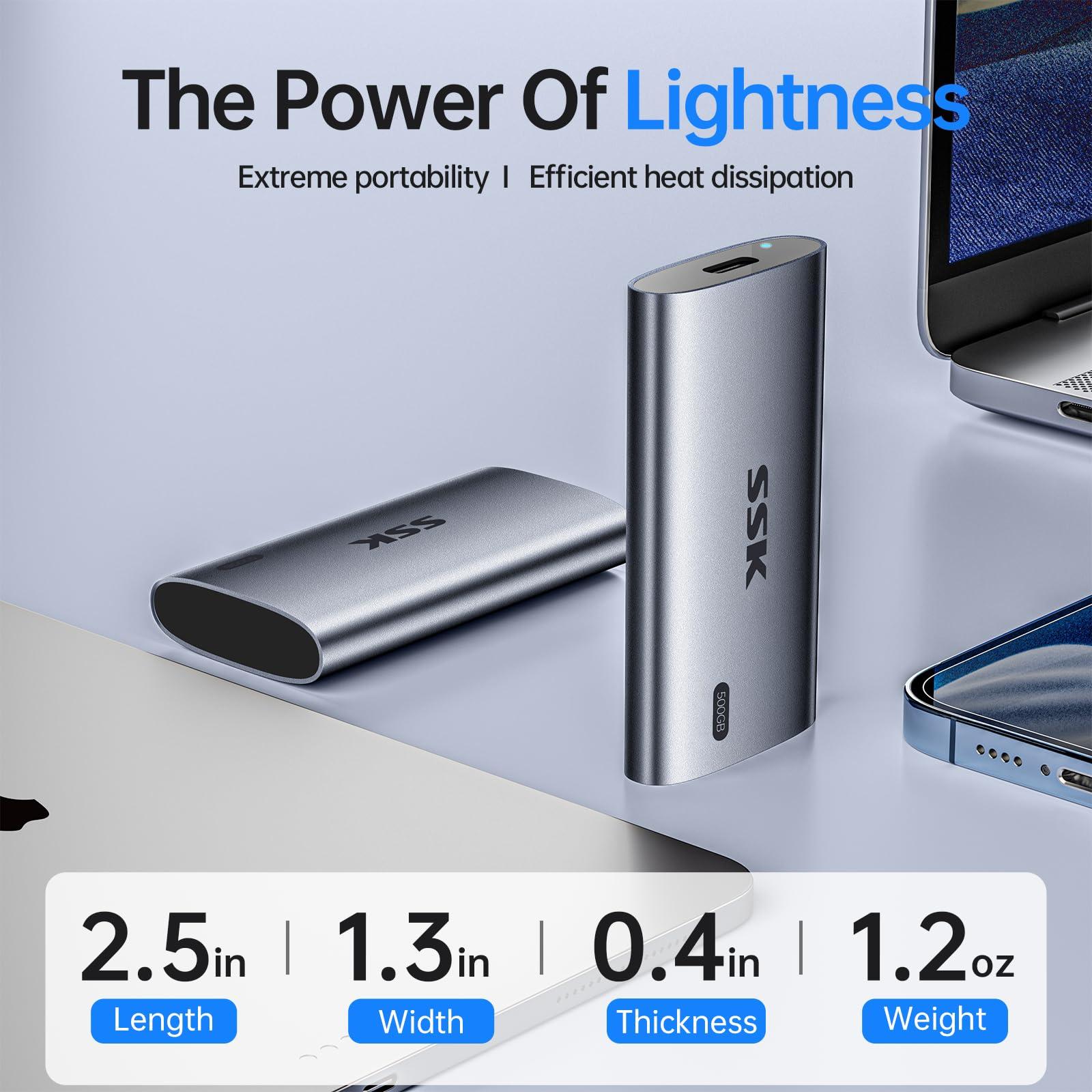 SSK SSK Portable SSD 500GB, up to 2000MB/s External Solid State Drives, USB 3.2 Gen2X2 NVMe SSD External Hard Drive, Ultra Low Power Consumption for iPhone 15/ MacBook/Pro/OTG Phone/Laptops