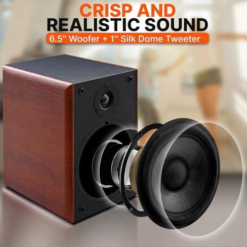 Pyle Pyle 6.5" Home Wooden Bookshelf Speakers, 240W Max Power, 1" Silk Dome Tweeter and Aluminum Voice Coils, Pair, Gold Plated 5 Way Binding Post, Rubber Surrounds, Beautiful Wood Grain Finish