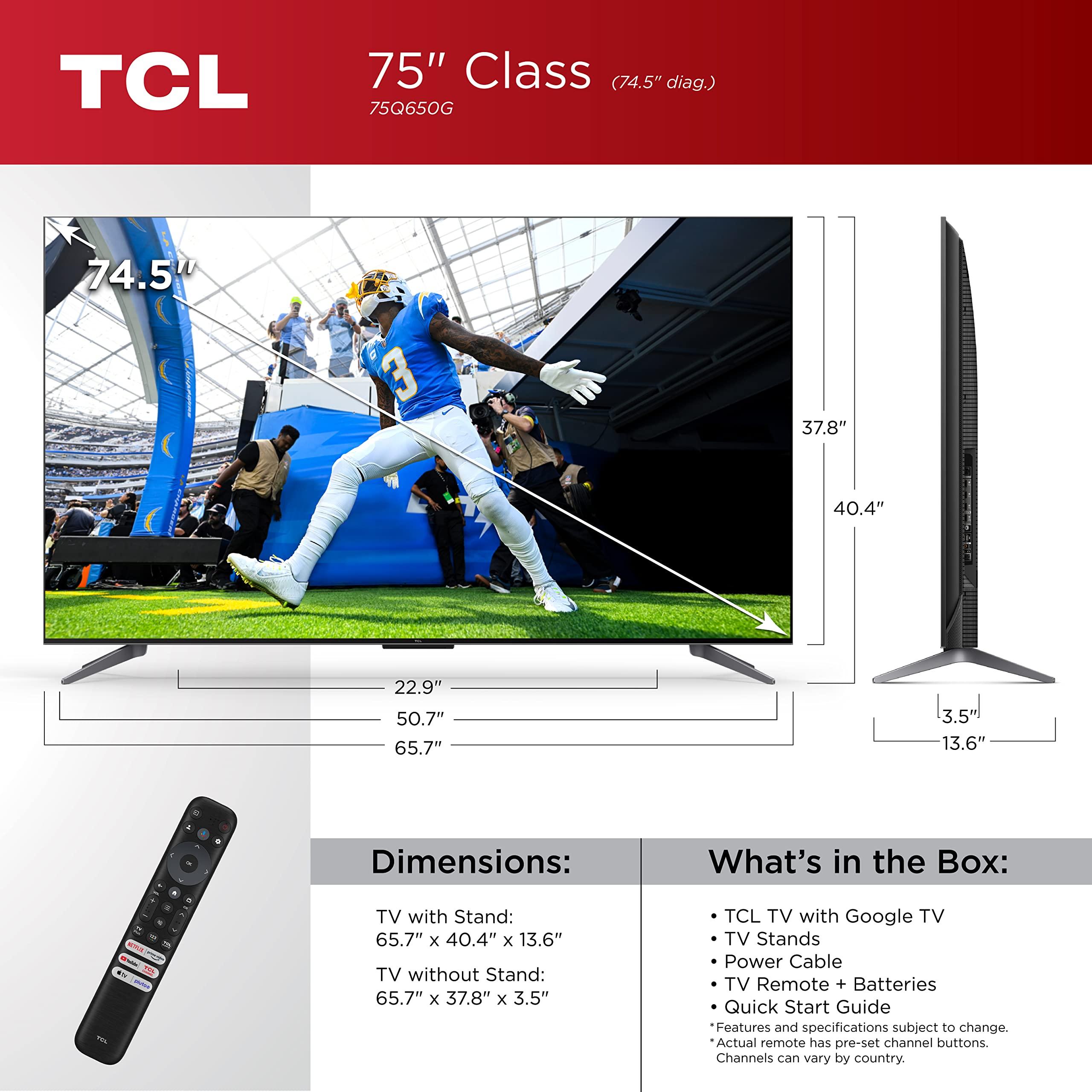 TCL TCL 75-Inch Q6 QLED 4K Smart TV with Google (75Q650G, 2023 Model) Dolby Vision, Atmos, HDR Pro+, Game Accelerator Enhanced Gaming, Voice Remote, Works Alexa, Streaming UHD Television