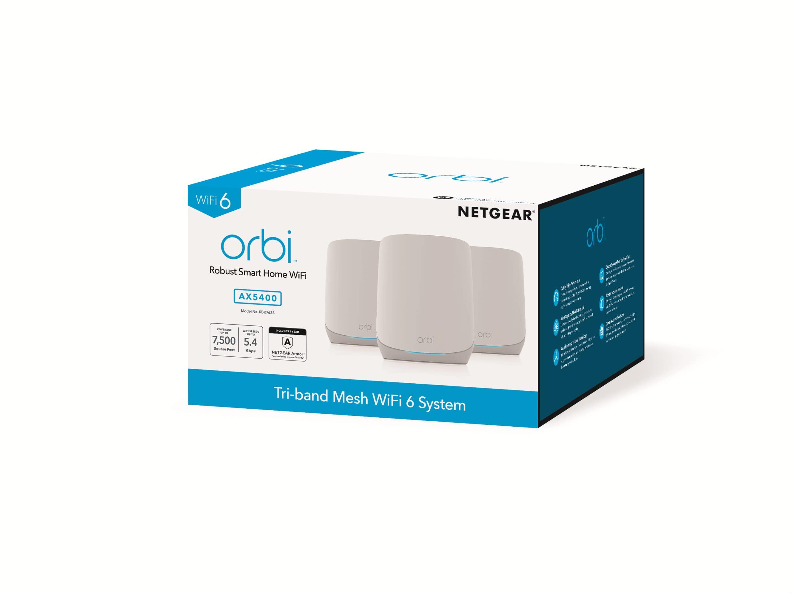 OLKIEQZ Netgear Orbi RBK763-100NAR AX5400 Tri-band WiFi 6 Mesh System, 5.4Gbps, Router and 2 Satellites (Renewed)