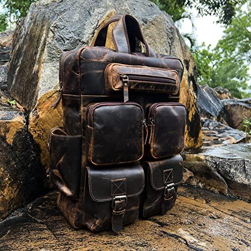 L & S Buffalo Leather Backpack Multi Pockets Daypack Travel Laptop Bag for Men Women