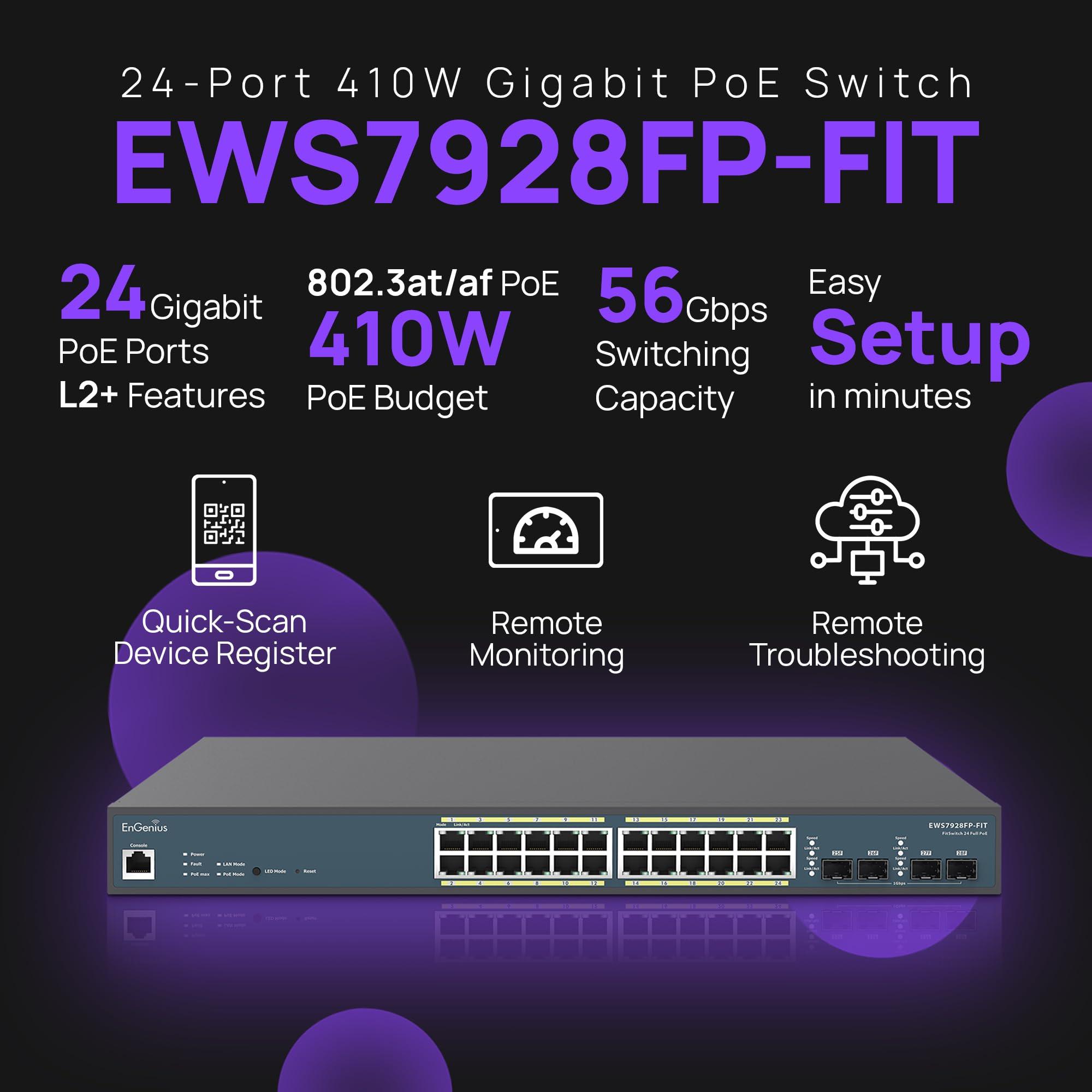 EnGenius EnGenius Fit L2 Plus Managed 24-Port Gigabit PoE+ Switch | 802.3at/af PoE+ Ready | 410W Budget | 4 SFP Uplink Ports | 56 Gbps Switching Capacity | [EWS7928FP-FIT]