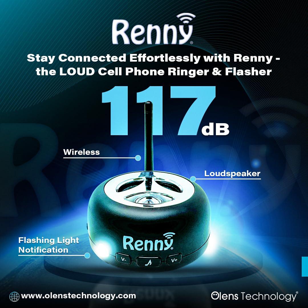 RENNY Renny - The Loud Cell Phone Ringer, Amplifier & Flasher for The Hearing Impaired (117dB) | Auto-Connects Wirelessly via Bluetooth | External Ringtones | Text/Email Notifications | Talking Caller ID