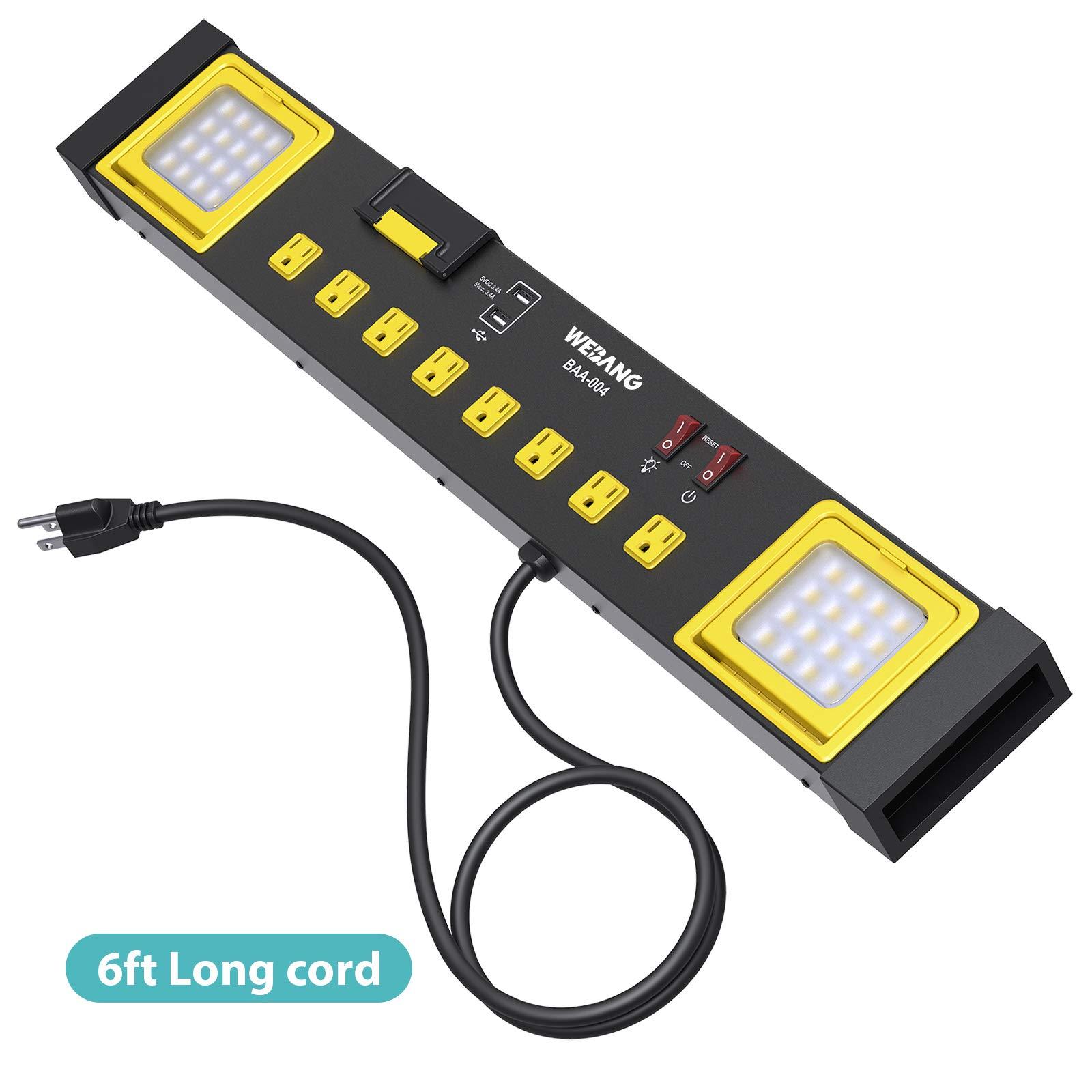 WEBANG WEBANG Heavy Duty Metal Power Strip Surge Protector with 8 Outlets,2 USB Ports, Led Worklight, 15A Circuit Breaker, Wall Mount, UL Listed for Workshop/Garage/Countertop