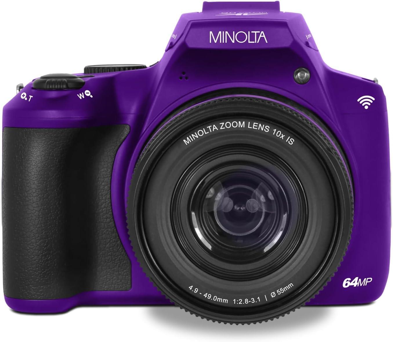 MINOLTA Minolta ProShot 64MP Digital Camera 10x Optical Zoom, 4K Ultra HD Video, Macro Shooting, Anti-Shake, 3-inch LCD Screen, Face Detection Includes 32GB SD Card, Battery & Case (Purple)
