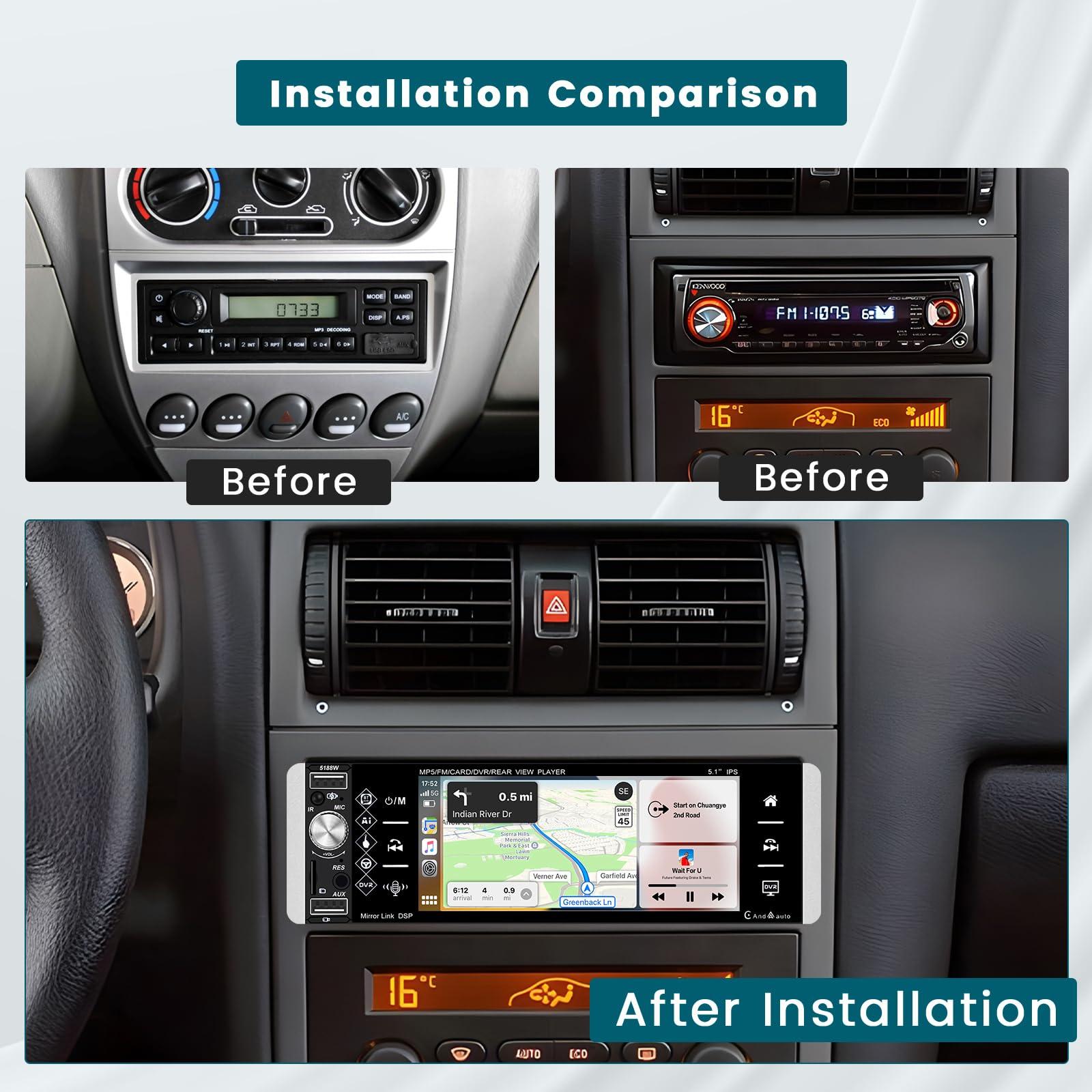 Hikity Hikity 5.1 Inch Car Stereo with Wireless Apple Carplay Android Auto, Single Din Touch Screen Car Radio with Bluetooth, Mirror Link AM FM EQ SWC, Car Audio Receiver with USB/TF/AUX-in, Mic, Backup Cam