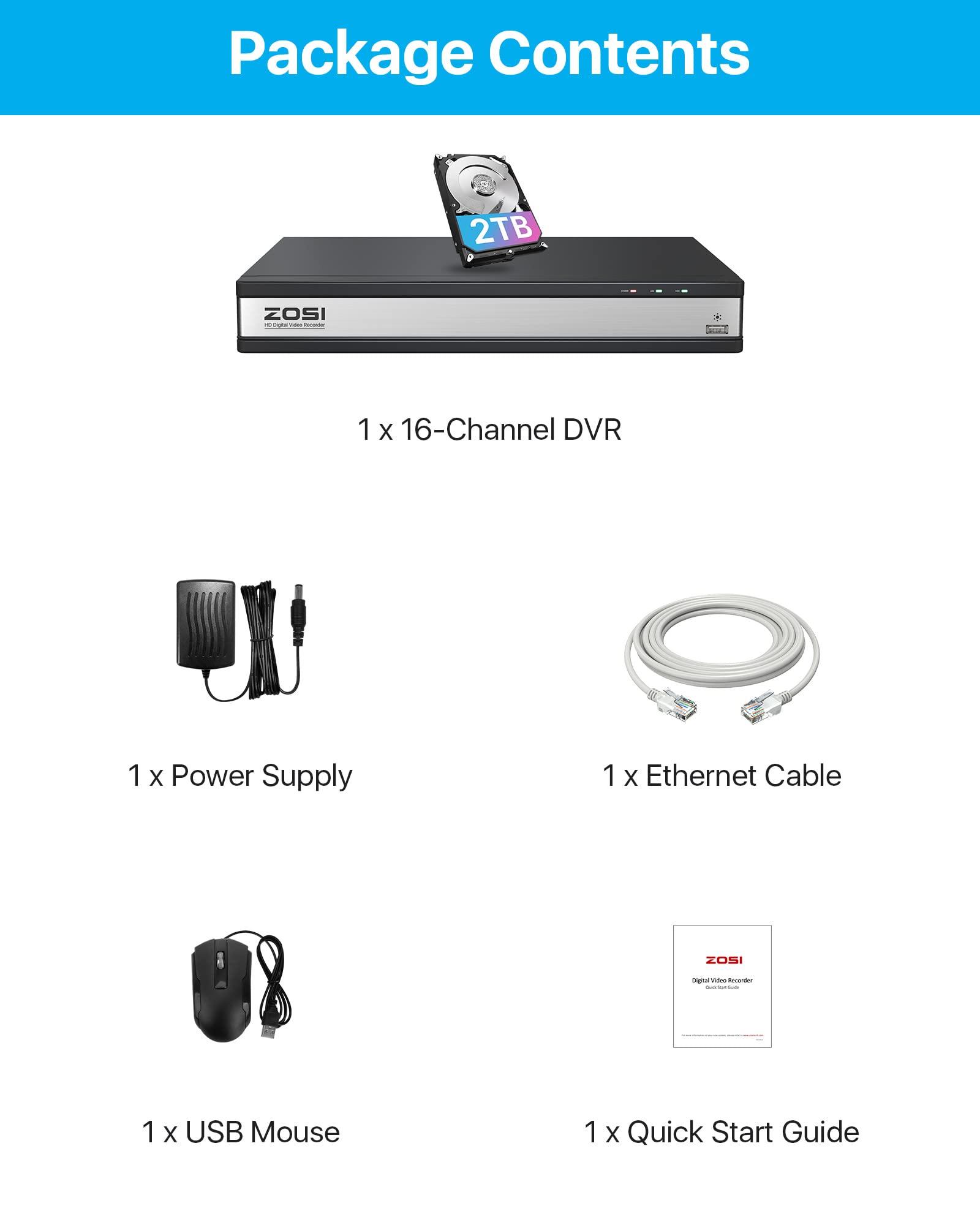 ZOSI ZOSI 16 Channel H.265+ Home Security DVR Recorder, 1080P Lite Hybrid 4-in-1(Analog/AHD/TVI/CVI) CCTV DVR for Security Camera, Motion Detection, Mobile Remote Control, Alert Push (2TB HDD Included)