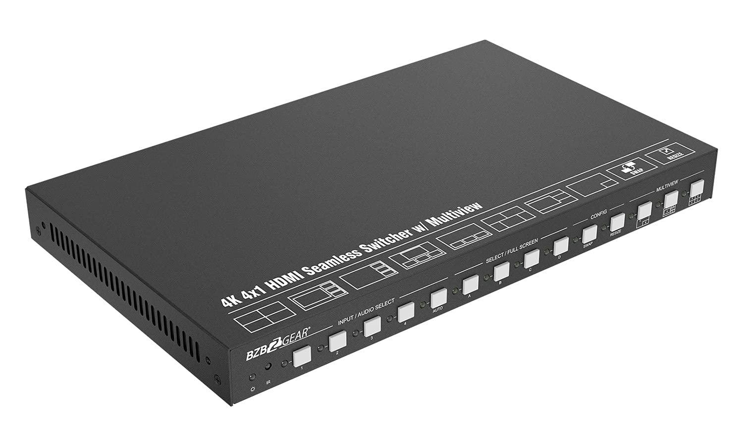 BZB GEAR 4x1 4K UHD HDMI Seamless Switcher Scaler and MultiViewer with IP/RS232 Control and Audio De-embedding