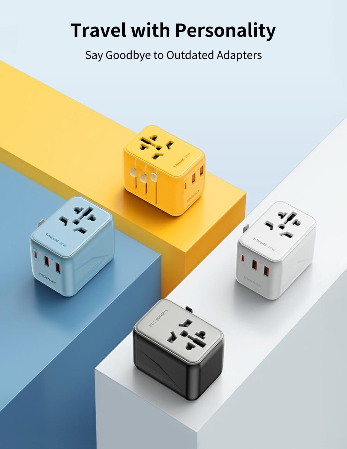 MOMAX MOMAX Universal Travel Adapter, 20W GaN Fast International Power Adapter, 2 USB A & 1 USB C, Worldwide Travel Plug Adapter, International Power Adapter for Europe, USA, Japan, Australia (Type C/A/G/I)