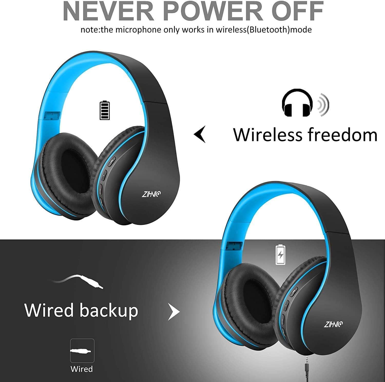 ZIHNIC ZIHNIC Bluetooth Headphones, Foldable Wireless and Wired Stereo Headset Micro SD/TF, FM for Cell Phone,PC,Soft Earmuffs &Light Weight for Prolonged Wearing (Black/Blue)