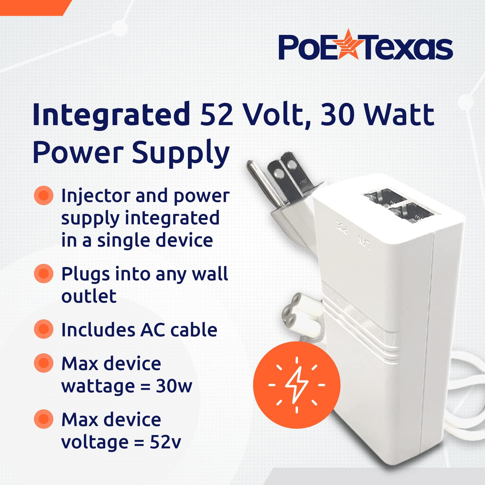 PoE Texas Poe Texas PoE Injector - Single Port PoE+ Power Over Ethernet PoE Adapter for 802.3at - 10/100/1000 Gigabit Data with Integrated 52V 30W Power Supply - Plug & Play USB-C Tablet, IP Camera, VoIP