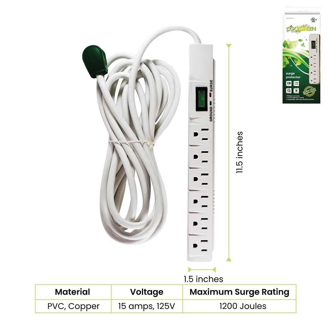 Go Green Power GoGreen Power 6 Outlet Surge Protector, 15ft cord, White - GG-16315-15