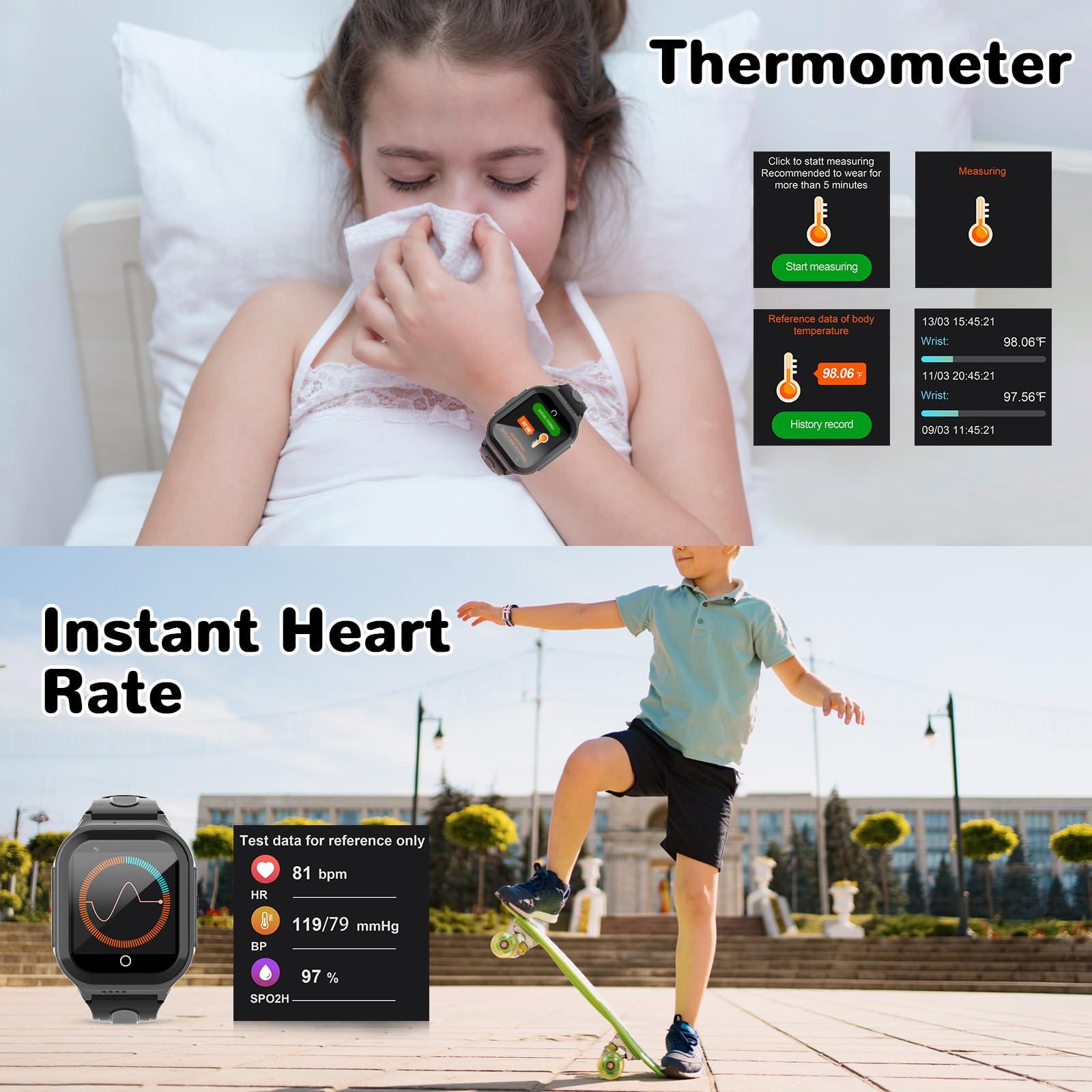 Getfitsoo Wonlex 4G Kids Smartwatch with SIM Card, GPS Smart Watch for Kids, Health Monitor Phone Watch With Temperature, Video Calls, Camera, Pedometer, Alarm, Music Player for Boys Girls Aged 4-15 (Black)