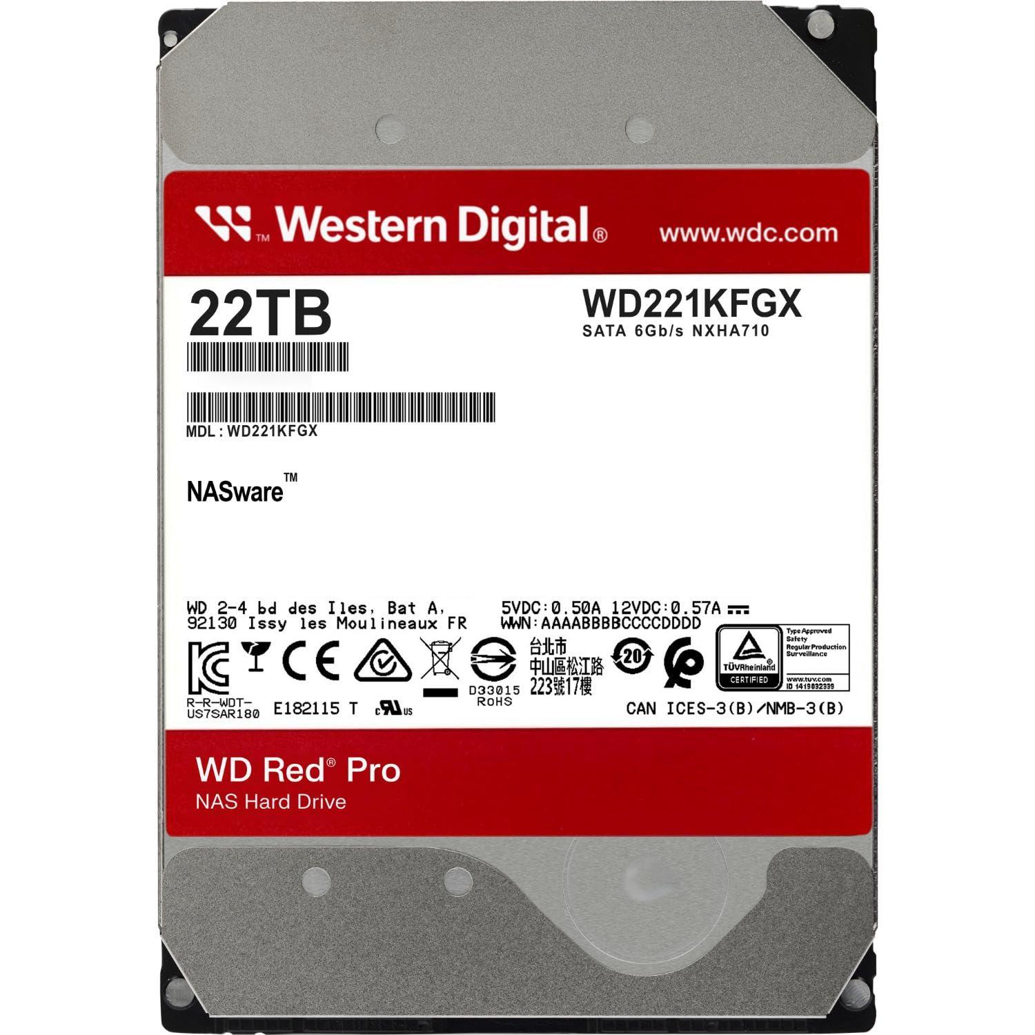 Western Digital Western Digital 22TB WD Red Pro NAS Internal Hard Drive HDD - 7200 RPM, SATA 6 Gb/s, CMR, 512 MB Cache, 3.5" - WD221KFGX