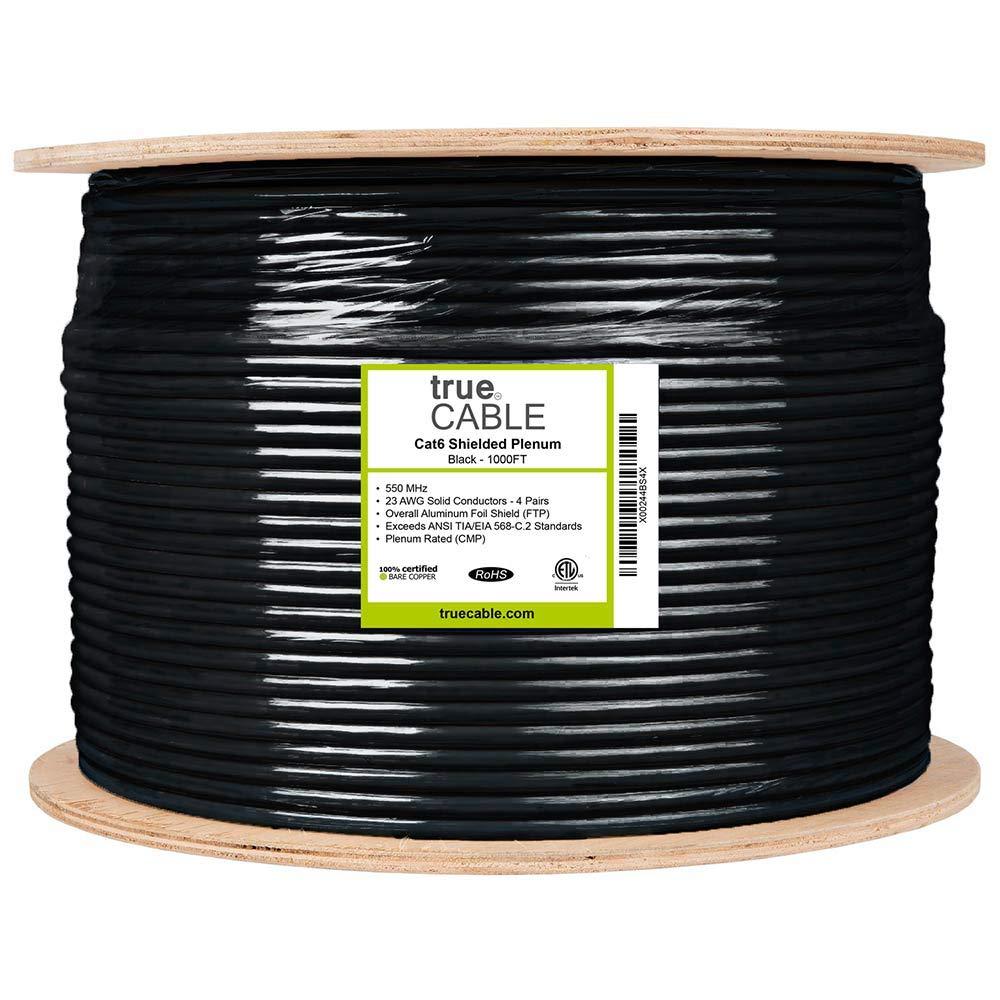 TRUE CABLE trueCABLE Cat6 Plenum Shielded (CMP), 1000ft, Black, 23AWG Solid Bare Copper, 550MHz, PoE++ (4PPoE), ETL Listed, Overall Aluminum Foil Shield (F/UTP), Bulk Ethernet Cable