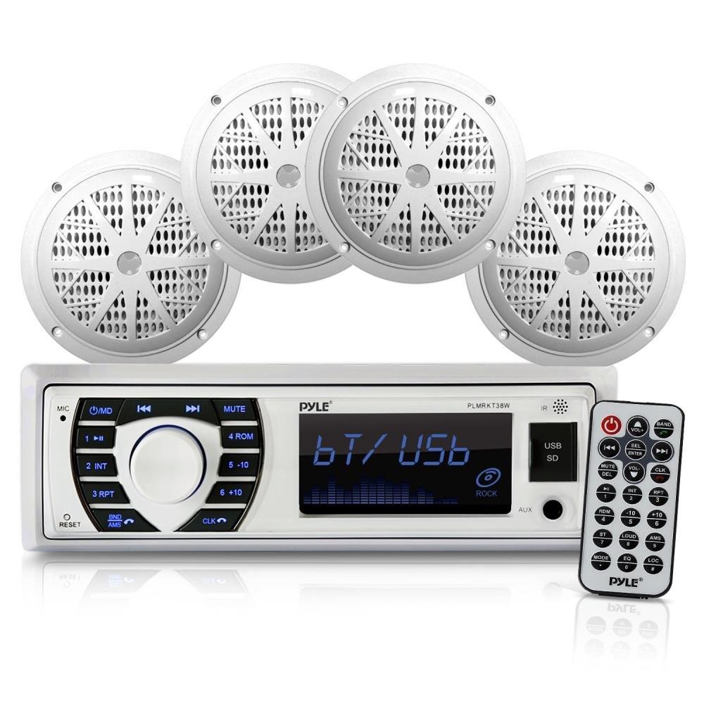Pyle Pyle Marine Radio Receiver Speaker Set + Water Resistant Marine Stereo Cover (White)
