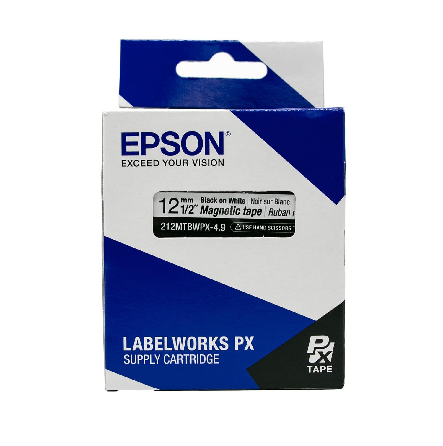 LABELWORKS Epson LABELWORKS 212MTBWPX-4.9 Magnetic Tape Cartridge - Black on White Magnet Label Maker Tape - 1/2\" (12MM) Wide, 4.9 ft, White