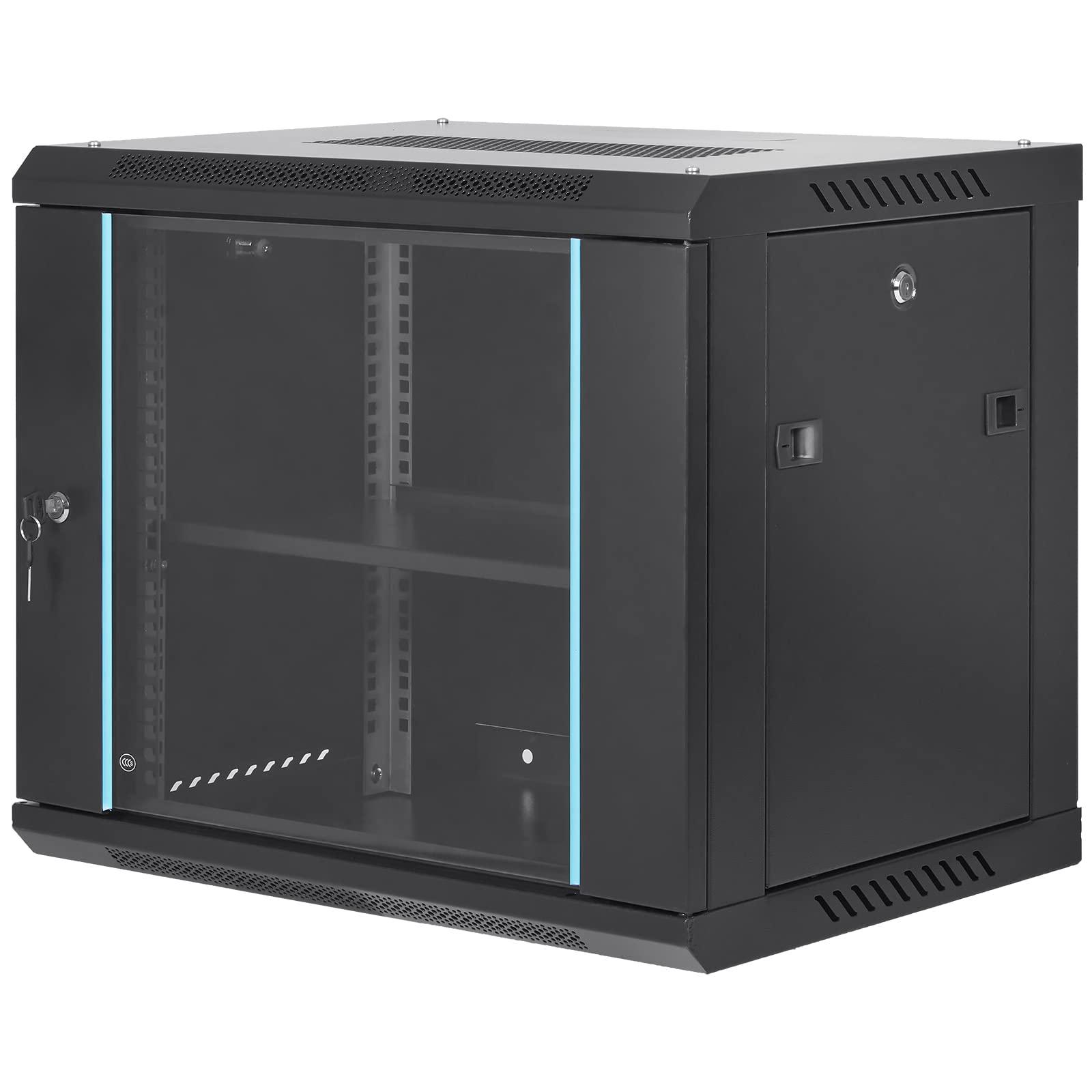 VEVOR VEVOR 9U Wall Mount Network Server Cabinet, 15.5\'\' Deep, Server Rack Cabinet Enclosure, 200 lbs Max. Ground-Mounted Load Capacity, with Locking Glass Door Side Panels, for IT Equipment, A/V Devices