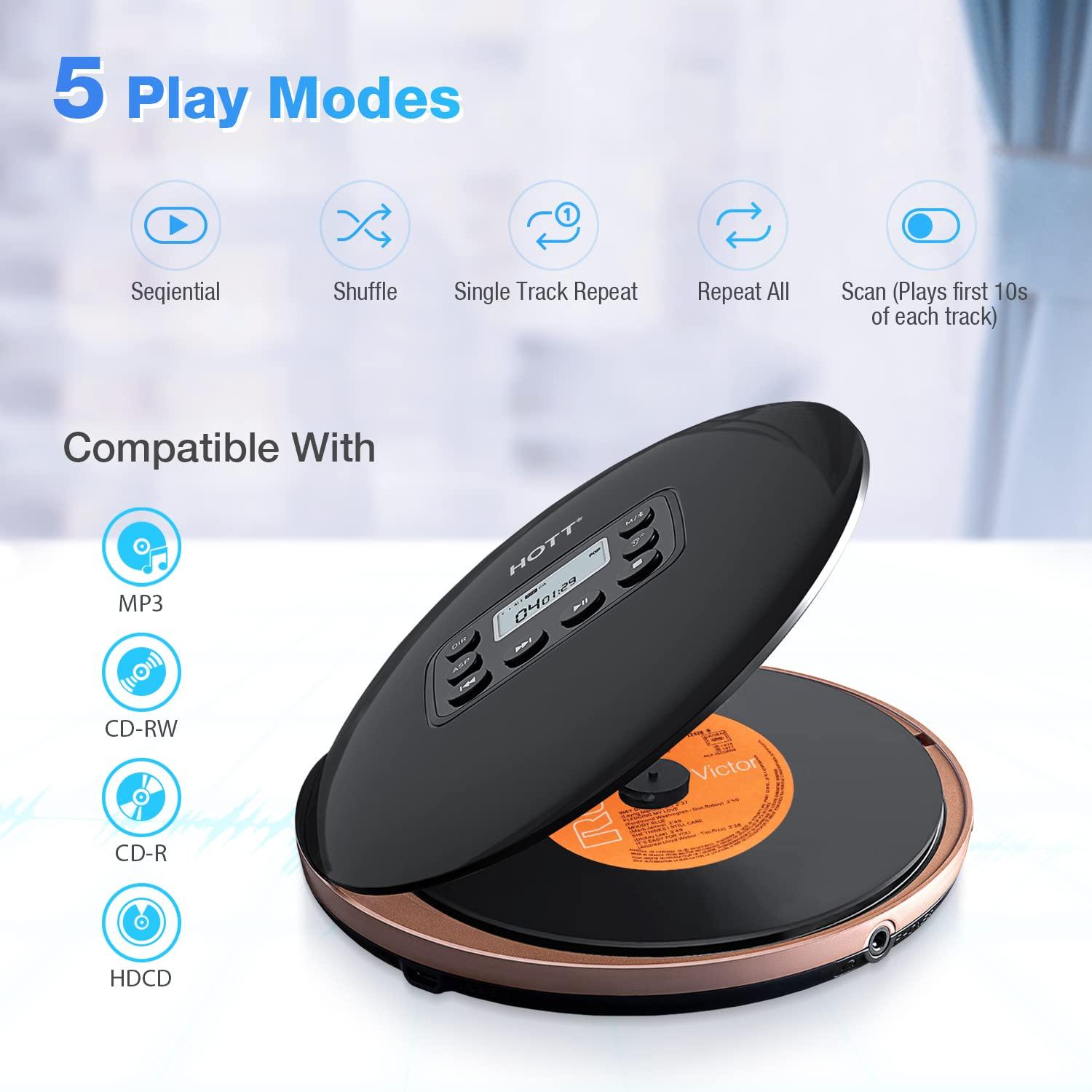 HOTT HOTT CD711T Bluetooth Rechargeable Portable CD Player for Home Travel and Car with Stereo Headphones and, Anti Shock Protection-Black
