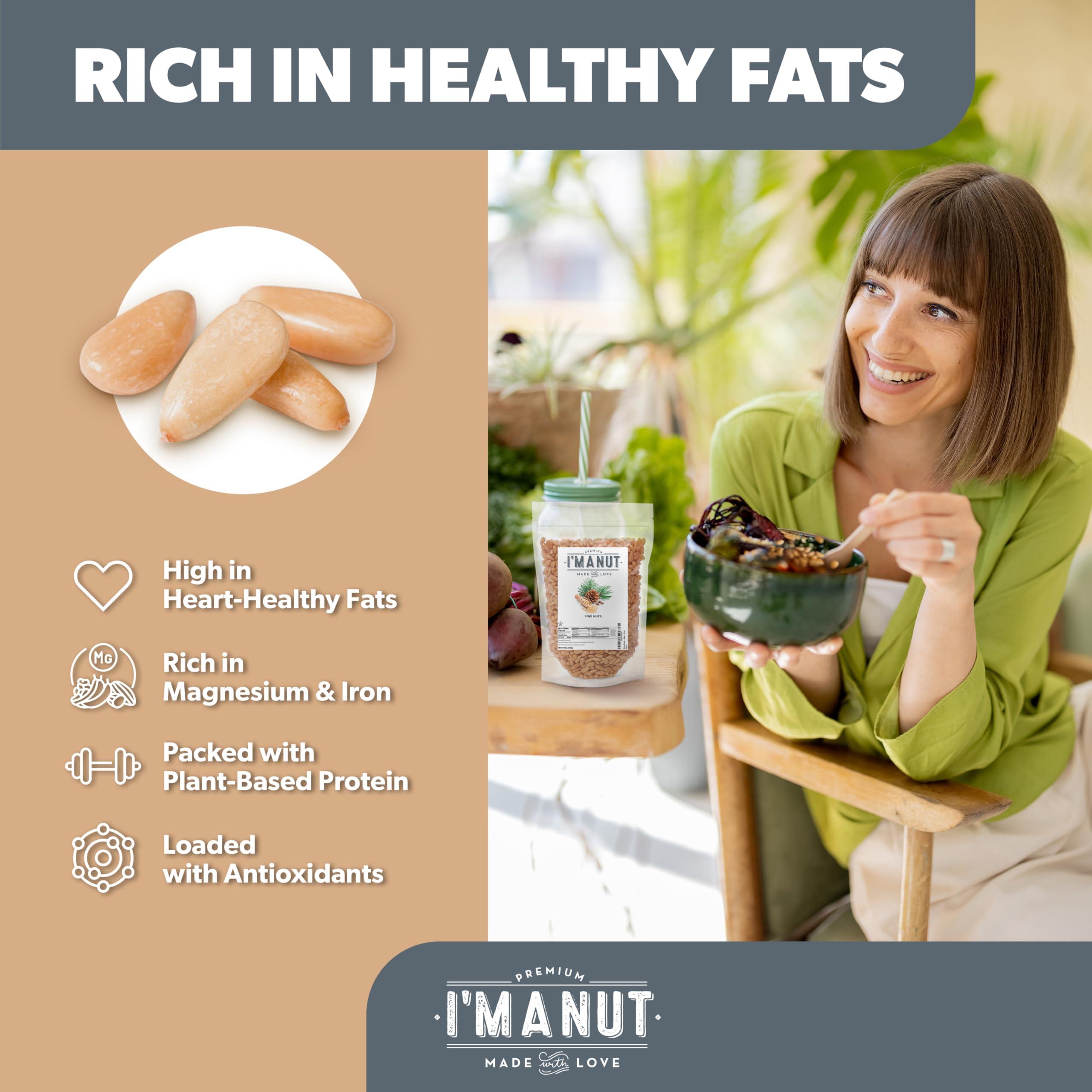 I\'m A Nut Premium Raw Pine Nuts 48oz (3 lbs.) Non-GMO, No Additives Batch Tested Gluten & Peanut Free, Resealable Pouch for Freshness, Unsalted Pine Nuts - Perfect for Pesto, Salads, Gourmet Cooking and Baking