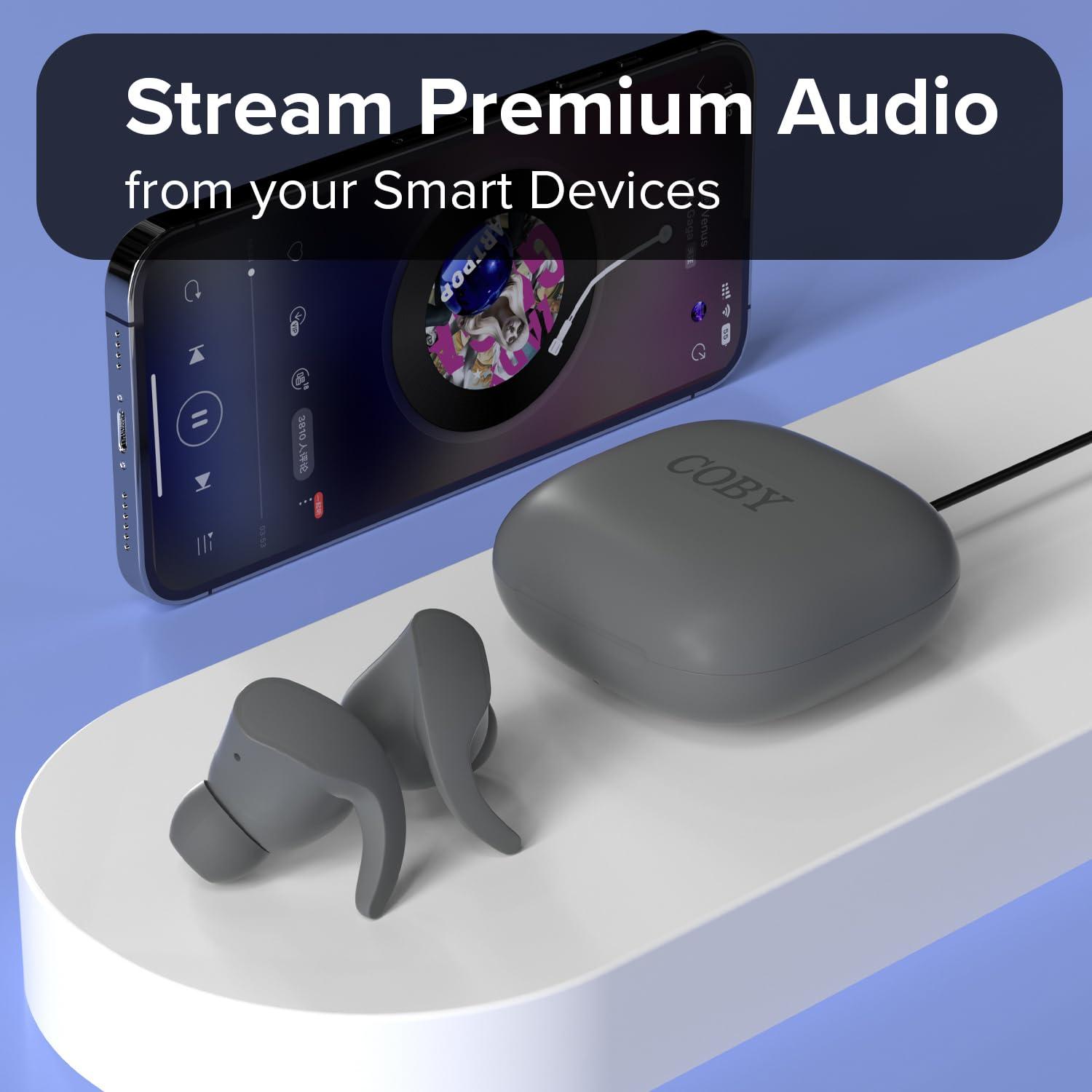 Coby Coby Sports True Wireless Earbuds w/Secure-Fit Ear Tips | in-Ear Headphones Up to 12 Hours Play | Sweat-Resistant | Noise-Isolating | in-Ear Earbuds | Sports Earbuds, Bluetooth Earbuds (Gray)