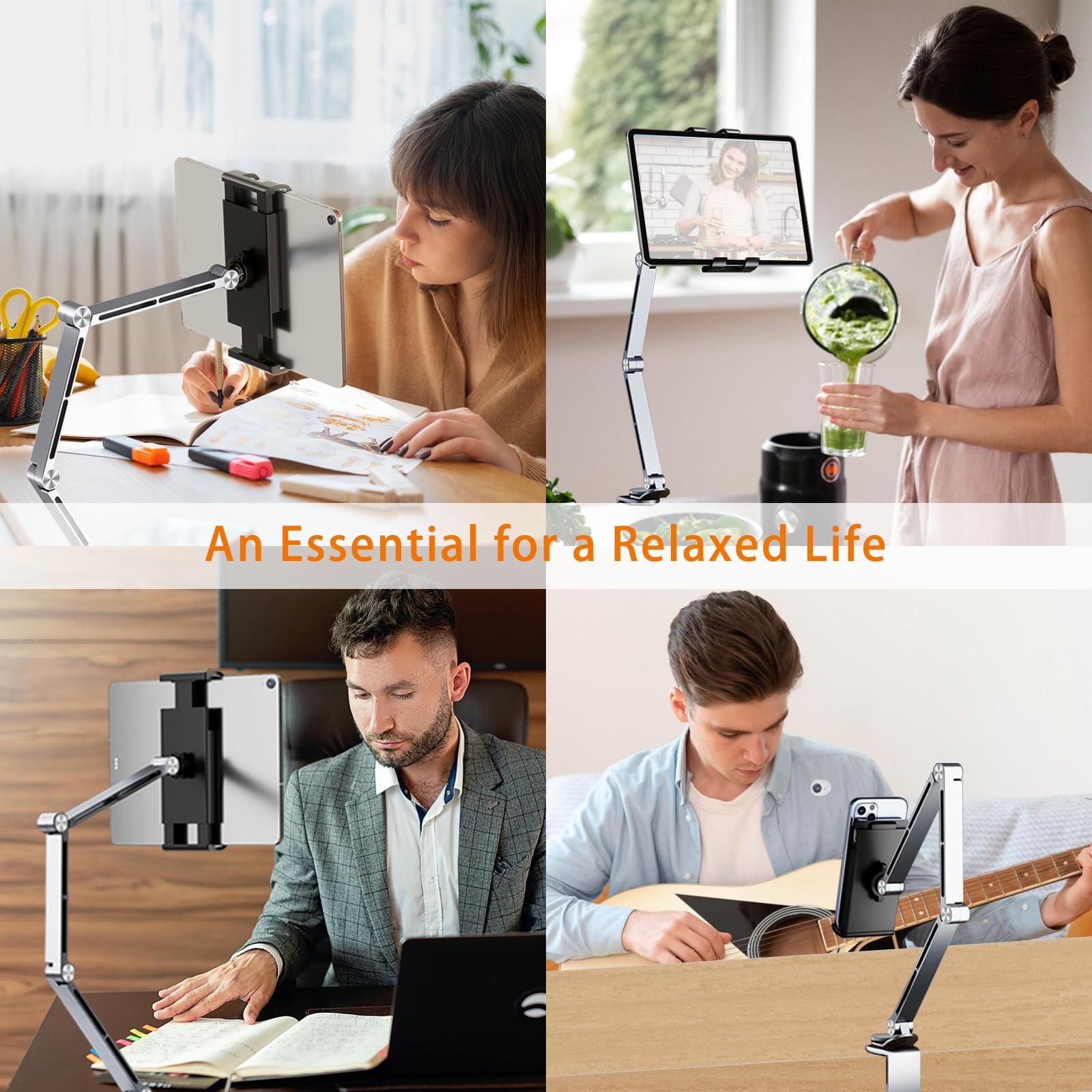 HIBORI HIBORI iPad Mount for Desk Aluminum Alloy Tablet Stand Foldable Overhead Arm Holder Mount Fits for 4.7-15.6" Screen Phone,Kindle,Fire HD,Monitor,iPad,Galaxy Tab Series (Silver)