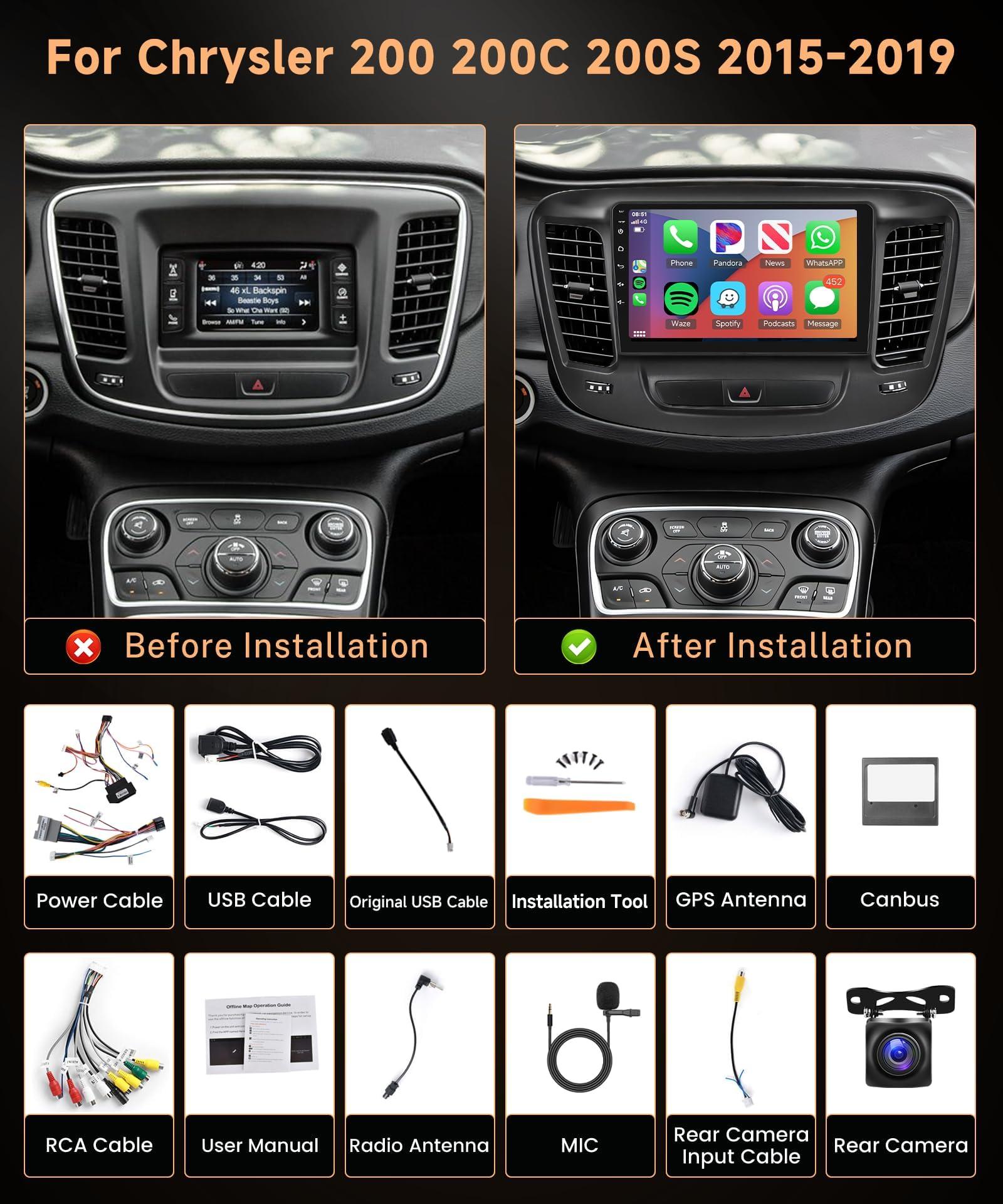 Rimoody 8 Core 4G+64G Android 13 Car Stereo Radio for Chrysler 200 200C 200S 2015-2019, Wireless Carplay Android Auto, Rimoody 9 Inch Touchscreen GPS 4G-WiFi DSP-36 Mirror Link 59-UI Themes BT FM Camera