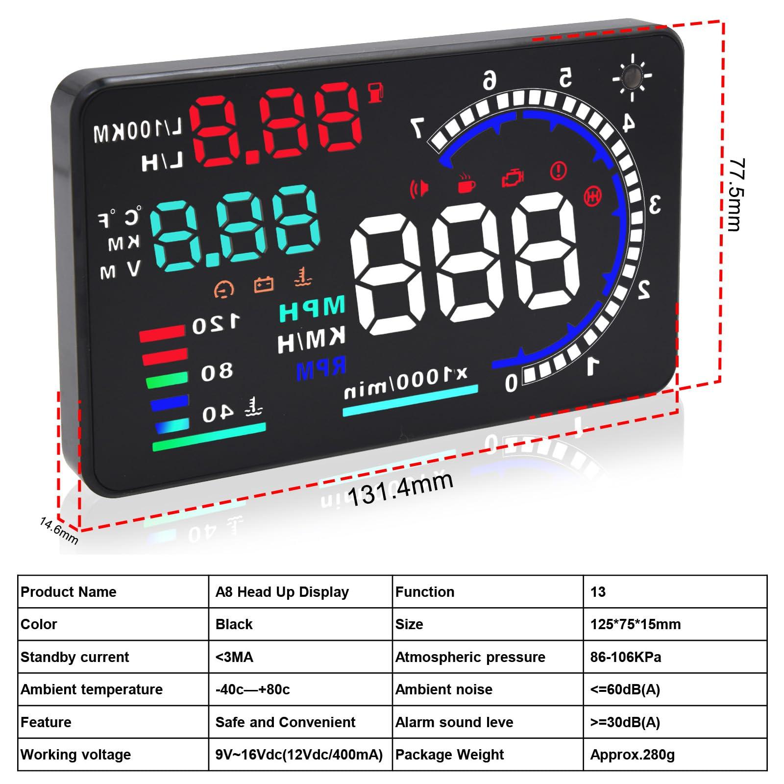 Geloo Geloo Head Up Display OBDII HUD Display for Cars A8 Head up Display 5.5in Digital Speedometer for Car MPH with Multiple Alarm,Light Sensor Windshield OBDII Interface only for Cars from 2012 Onwards