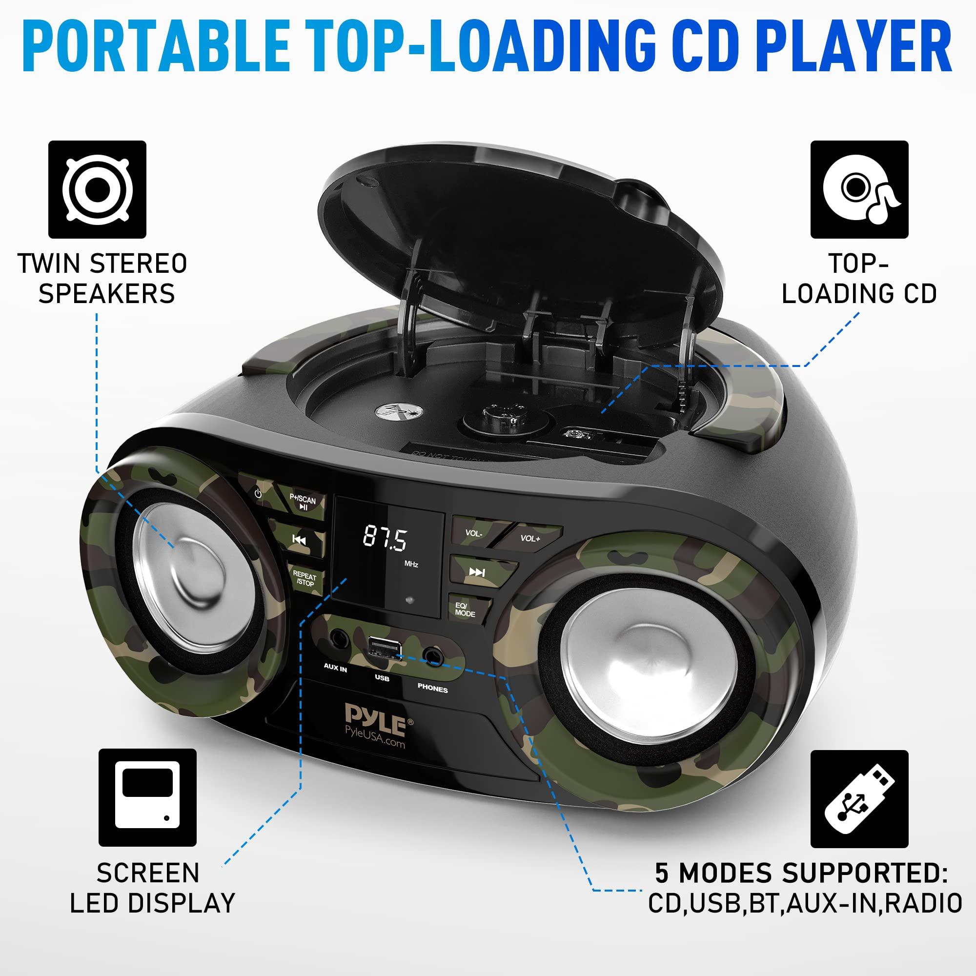 Pyle Pyle Portable CD Player Bluetooth Boombox Speaker - AM/FM Stereo Radio & Audio Sound, Supports CD-R-RW/MP3/WMA, USB, AUX, Headphone, LED Display, AC/Battery Powered, Camouflage - Pyle PHCD55.5