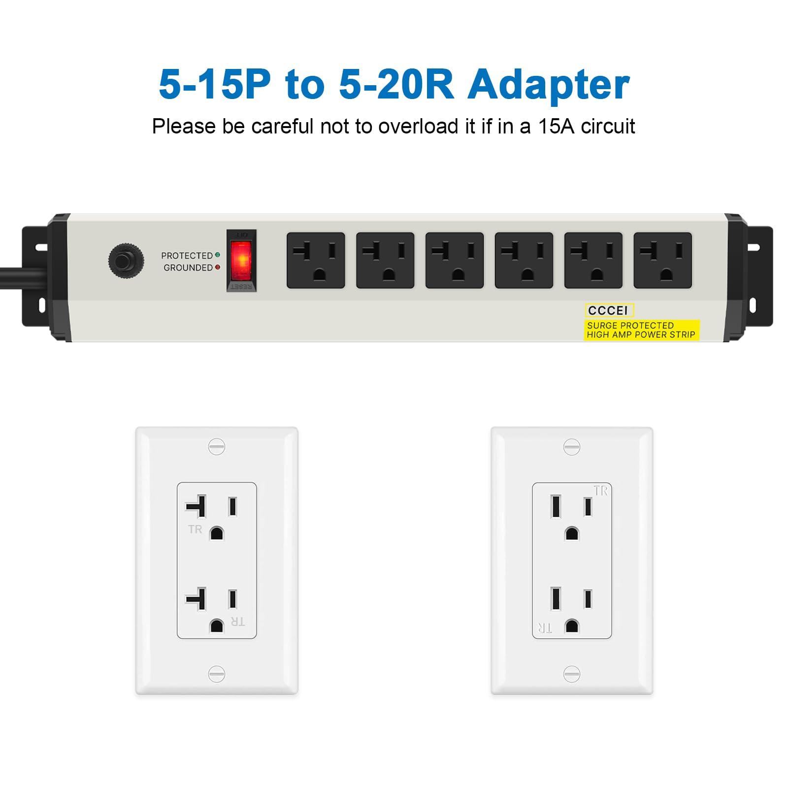 CCCEI CCCEI 12 Gauge Heavy Duty Power Strip Surge Protector 4800J, 20 Amp 6 Plug Industrial Shop Garage Metal Multiple Outlets, 15 FT Extension Cord 5-15P Adapter High Amp 6-20R T-Slot 20a for Appliance.