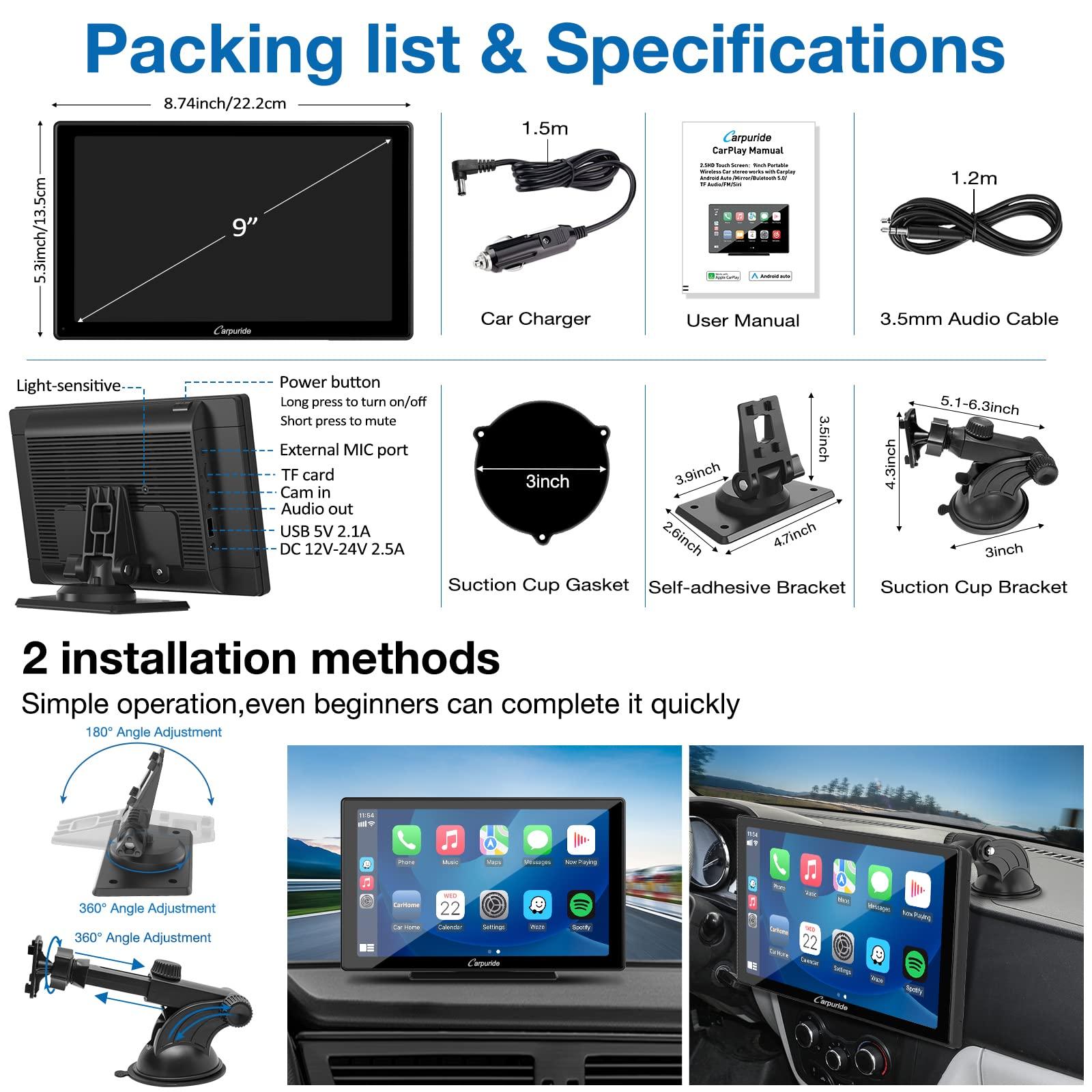 Carpuride Carpuride W901 Pro Portable Carplay & Android Auto with Dula Bluetooth, 9 inch 1080P Touch Screen, Mirror Link/GPS/Siri/FM, Support Truck Dashboard Mounted