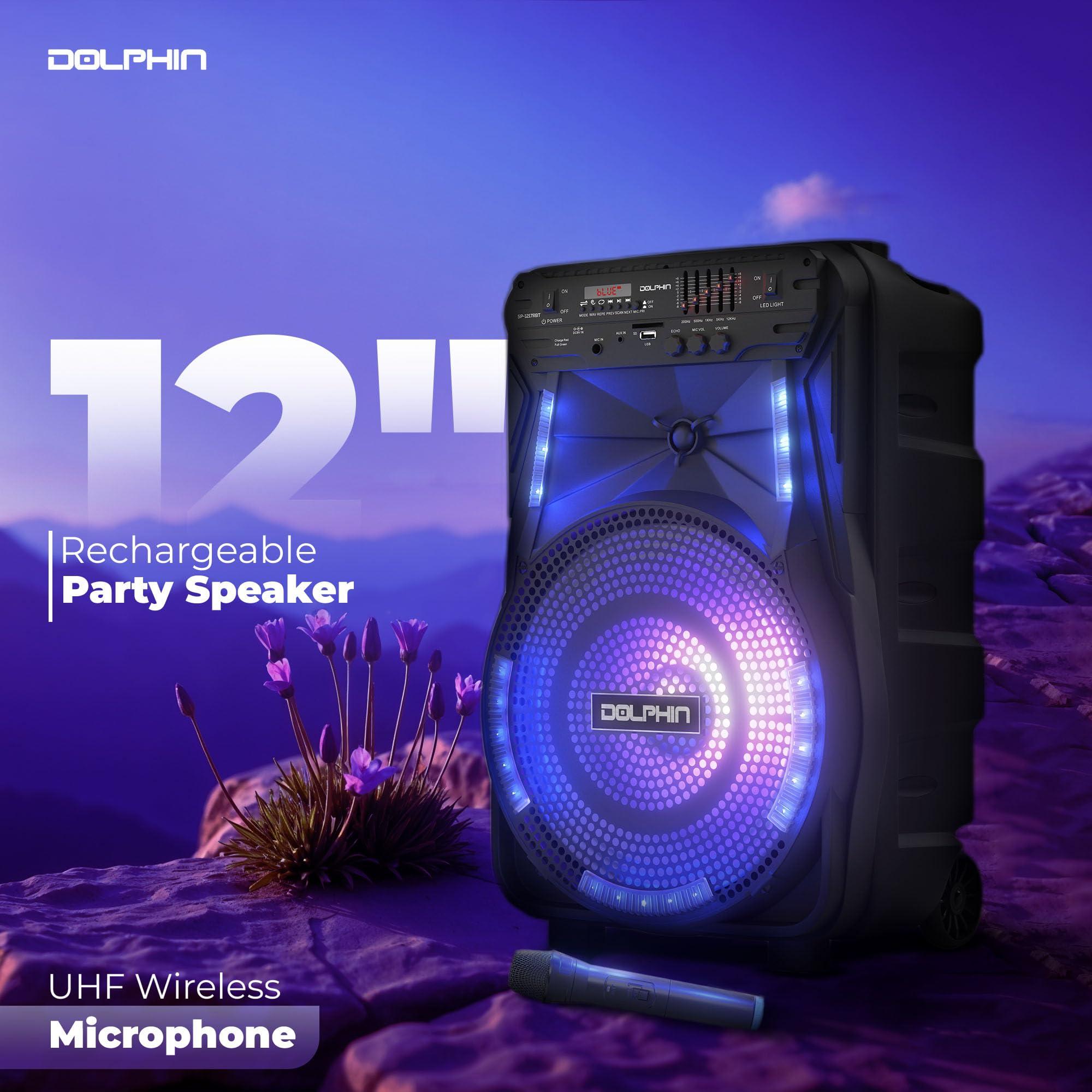 Dolphin Dolphin 12-Inch Rechargeable Bluetooth Party Speaker High Power Sound, TWS Compatibility, LED Lights, 5-Band Equalizer, Portable Design with Trolley and Wheels