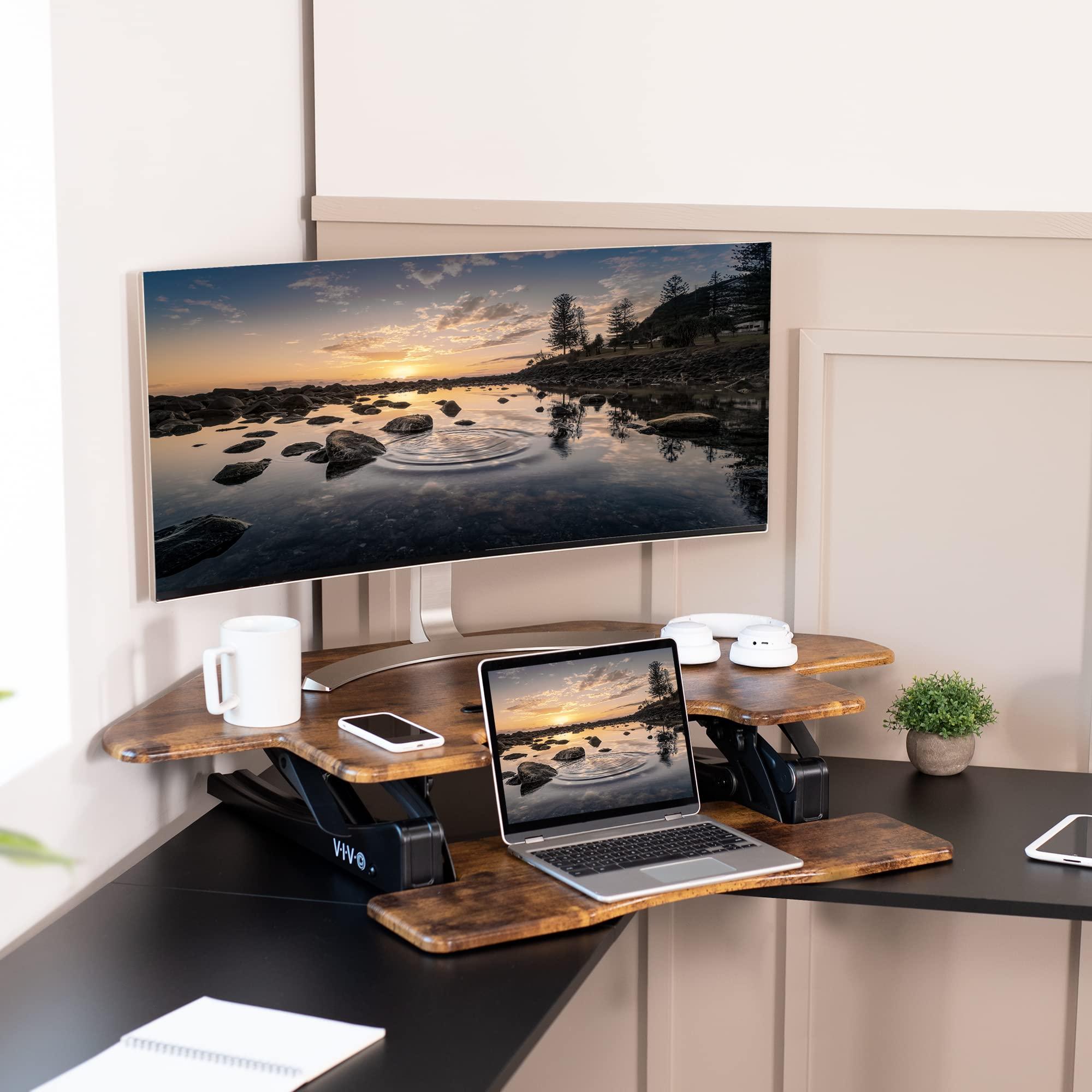 VIVO VIVO 43 inch Corner Height Adjustable Cubicle Stand Up Desk Converter, V Series, Quick Sit to Stand Tabletop Dual Monitor Riser Workstation, Rustic Vintage Brown, DESK-V000VCN