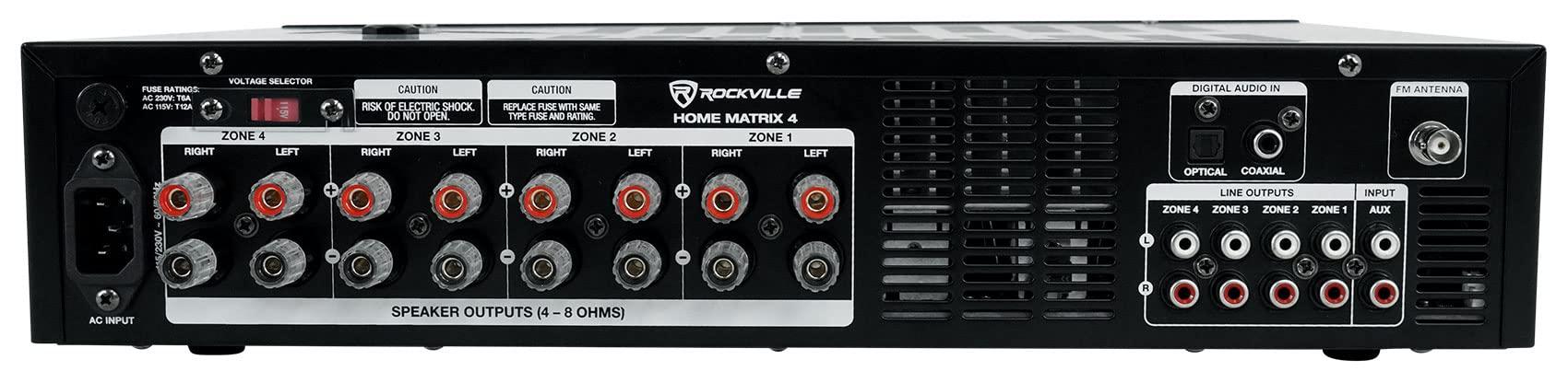 Rockville Rockville Home Matrix 4 4-Zone 8-Channel 600W Multi-Room/Source Receiver Amplifier, Bluetooth, USB, Optical, FM Radio, Includes Remote - Perfect for Home Audio, Restaurants, Offices, Schools