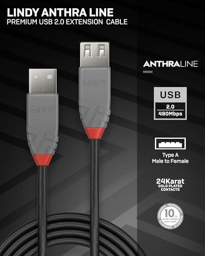Lindy LINDY USB 2.0 Type A Extension Cable 2m, USB A Male to A Female Cable, Data Transfer Compatible for Printer, PC, Laptop, Scanner, Camera, Keyboard, Hard Drive, USB Disk, Anthra Line - Black