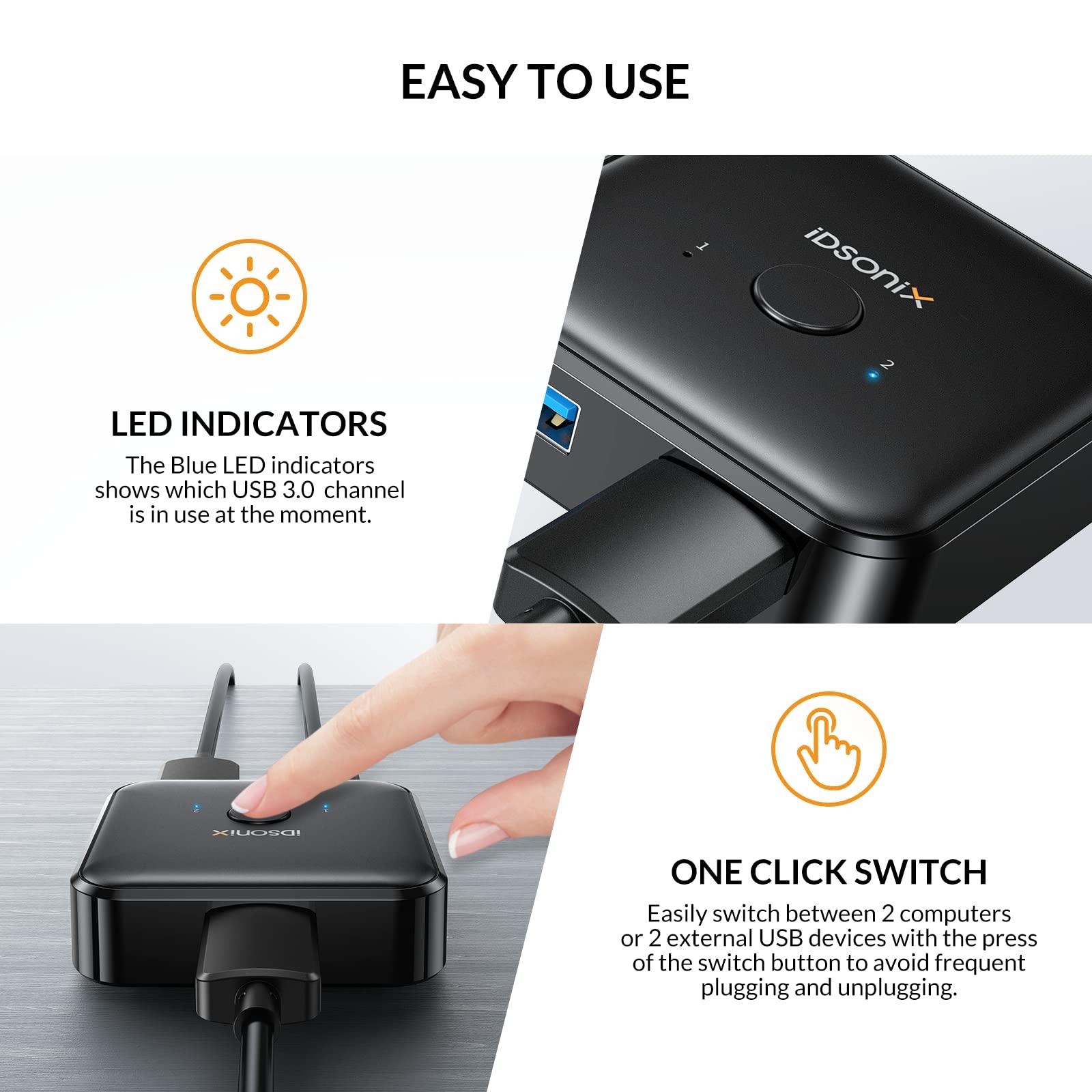 IDSONIX SMART INTERACTIVE USB 3.0 Switch Selector,iDsonix USB Switcher 1 in 2 Out(2 in 1 Out) Bi-Directional,USB Switch 2 Computers Share 1 Device for Printer,Scanner,Keyboard, USB Sharing Switch with 2pcs A to A 3.3ft Cables