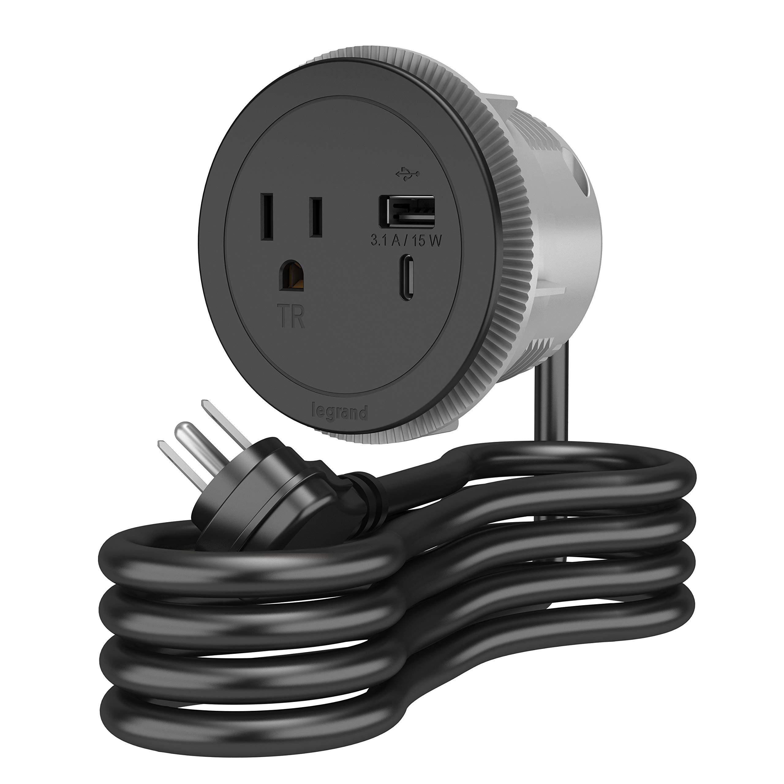 Wiremold Legrand Wiremold RFPCRUAUC-BK10 Round Furniture Power Center with USB, 1 Outlet, Type A/C USB, 10 Foot Cord, Black