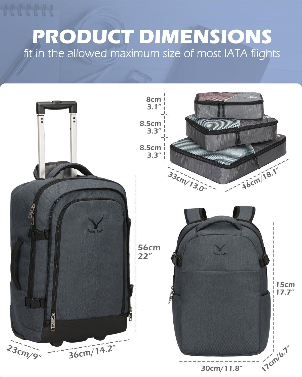 Hynes Eagle Hynes Eagle 2 in 1 Travel Backpack 22 inches Carry on Luggage 63L Rolling Backpack for Men Women with Packing Cubes 3PCS Set Grey Waist Pack Grey