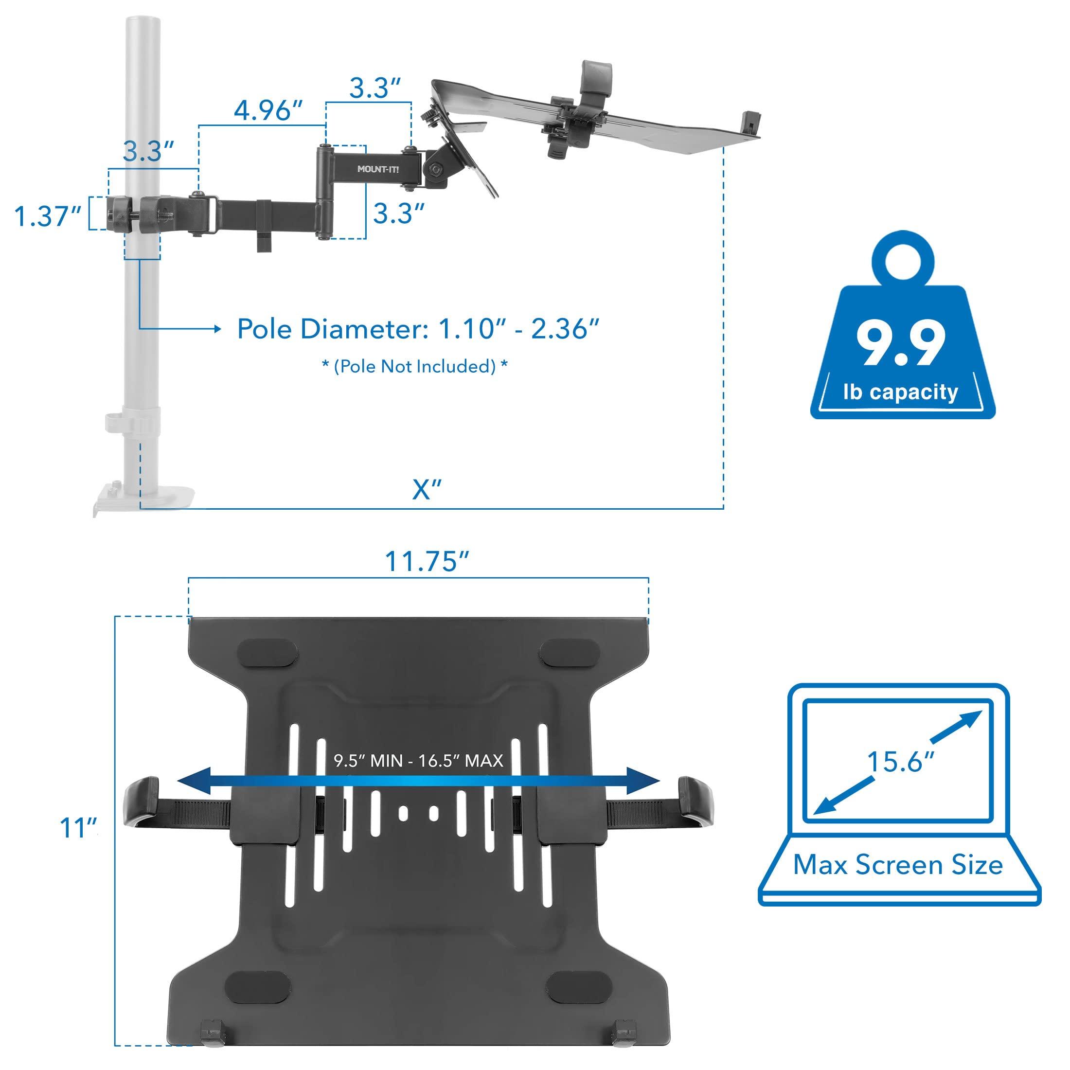 Mount-It! Mount-It! Laptop Pole Mount Tray | Full Motion Laptop Mount Fits Up to 15.6 Laptops | Universal Laptop Stand for Add On to Monitor Mounts