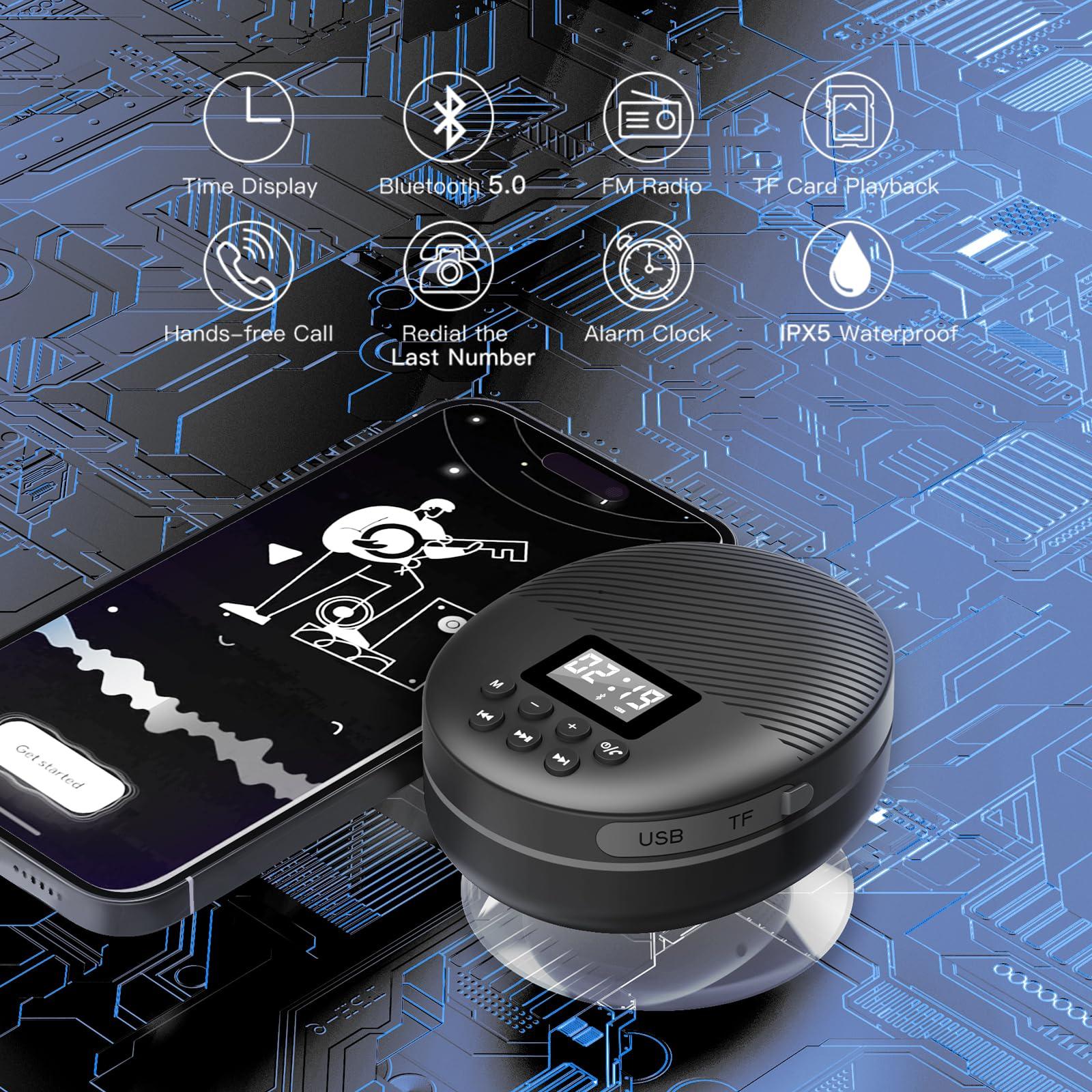 AGPTEK Shower Radio Speaker with Bluetooth 5.0, AGPTEK Waterproof Wireless Bathroom FM with Suction Cup 12H Long Playback Time, Lanyard, LCD Screen Display, Handsfree Calling, Storage Card Playback Black