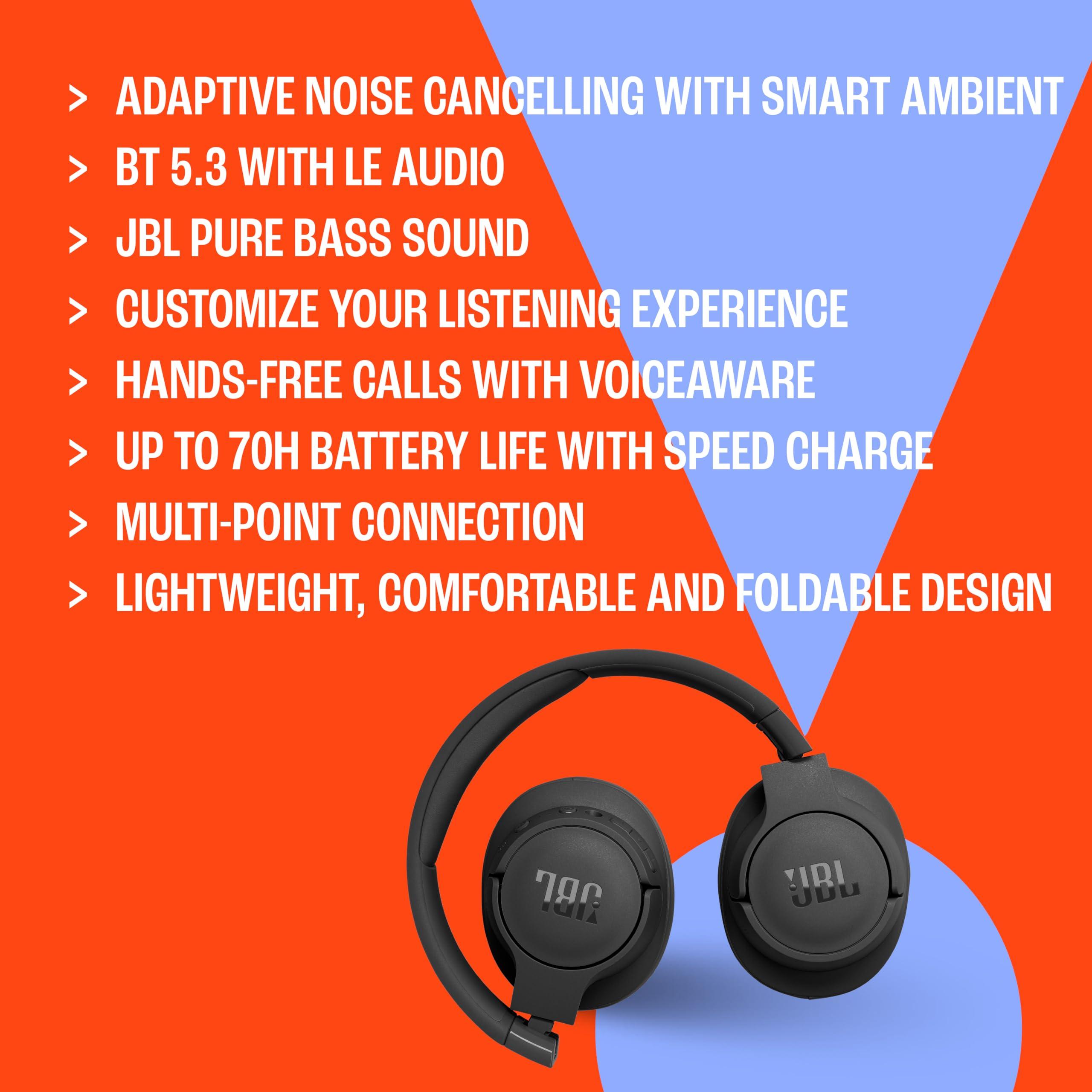 JBL JBL Tune 770NC - Adaptive Noise Cancelling with Smart Ambient Wireless Over-Ear Headphones, Bluetooth 5.3, Lightweight and Foldable Design (Blue) (Renewed)